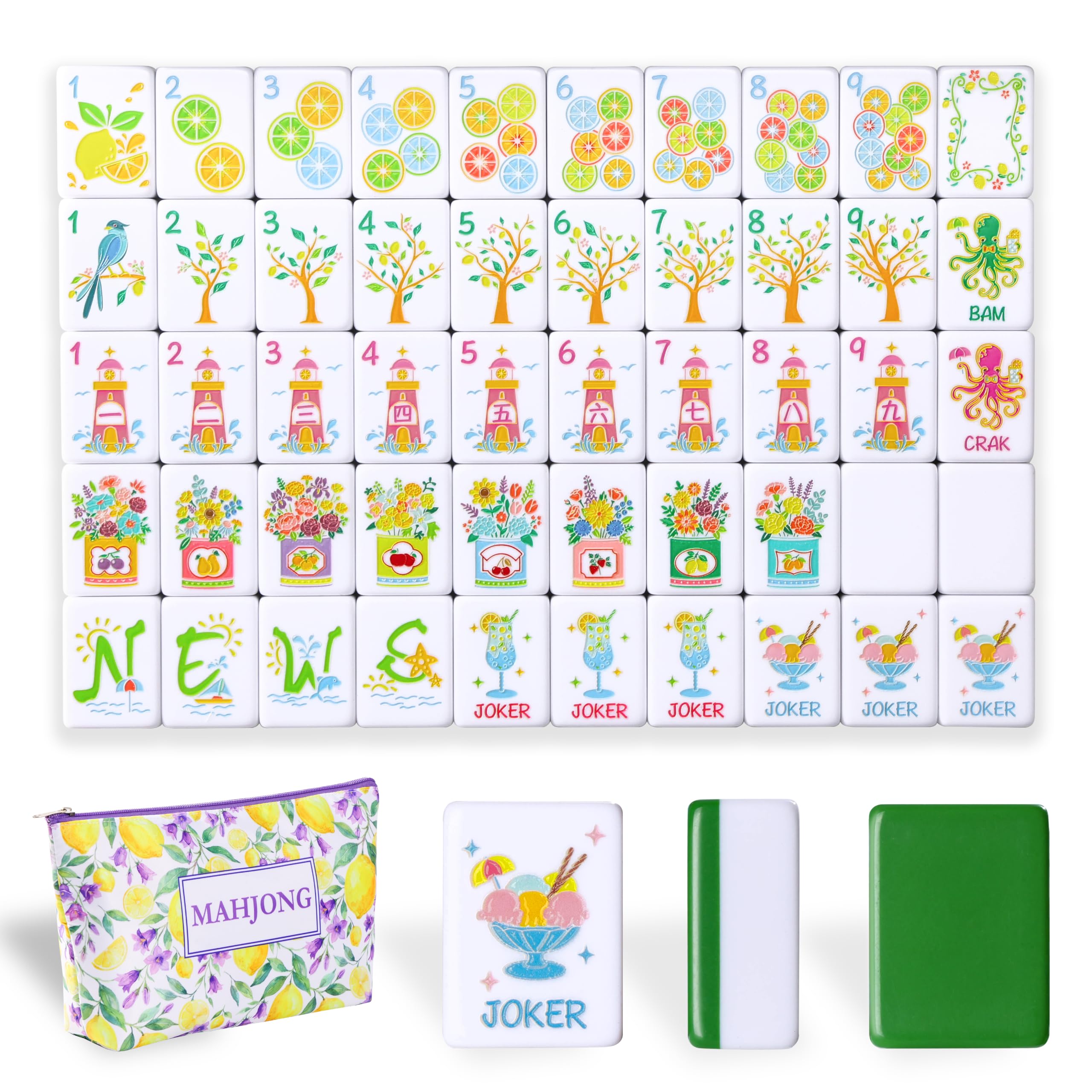 Lemon Themed American Mahjong Tile Set,160 Green Melamine Engraved Tiles