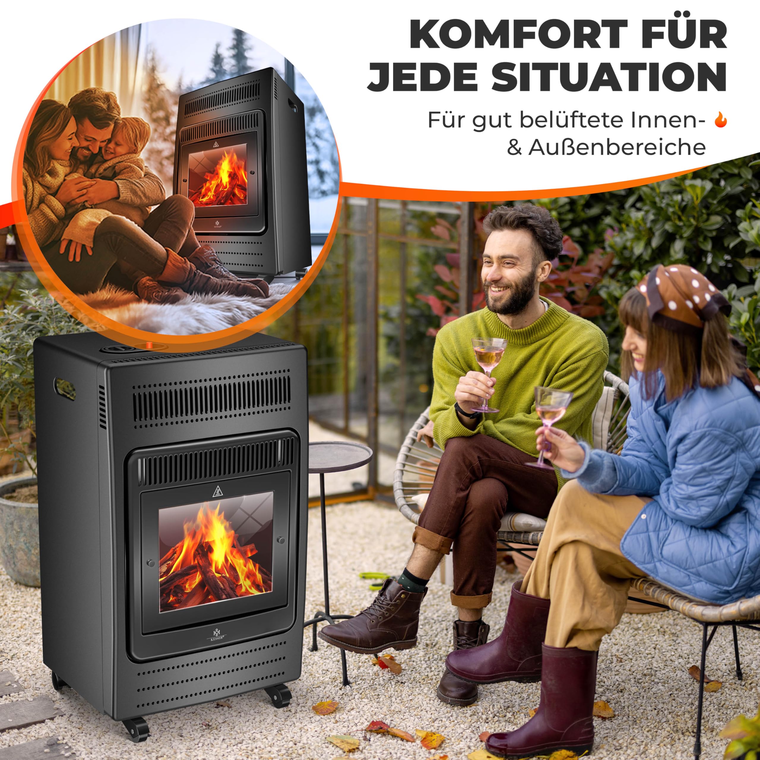 KESSER® Grzejnik gazowy, 3,4 kW, zawiera reduktor ciśnienia gazu i wąż gazowy, 2 stopnie grzania na podczerwień 3400 W, ogrzewanie gazowe, butle z butanem lub propanem, do 11 kg, czarny