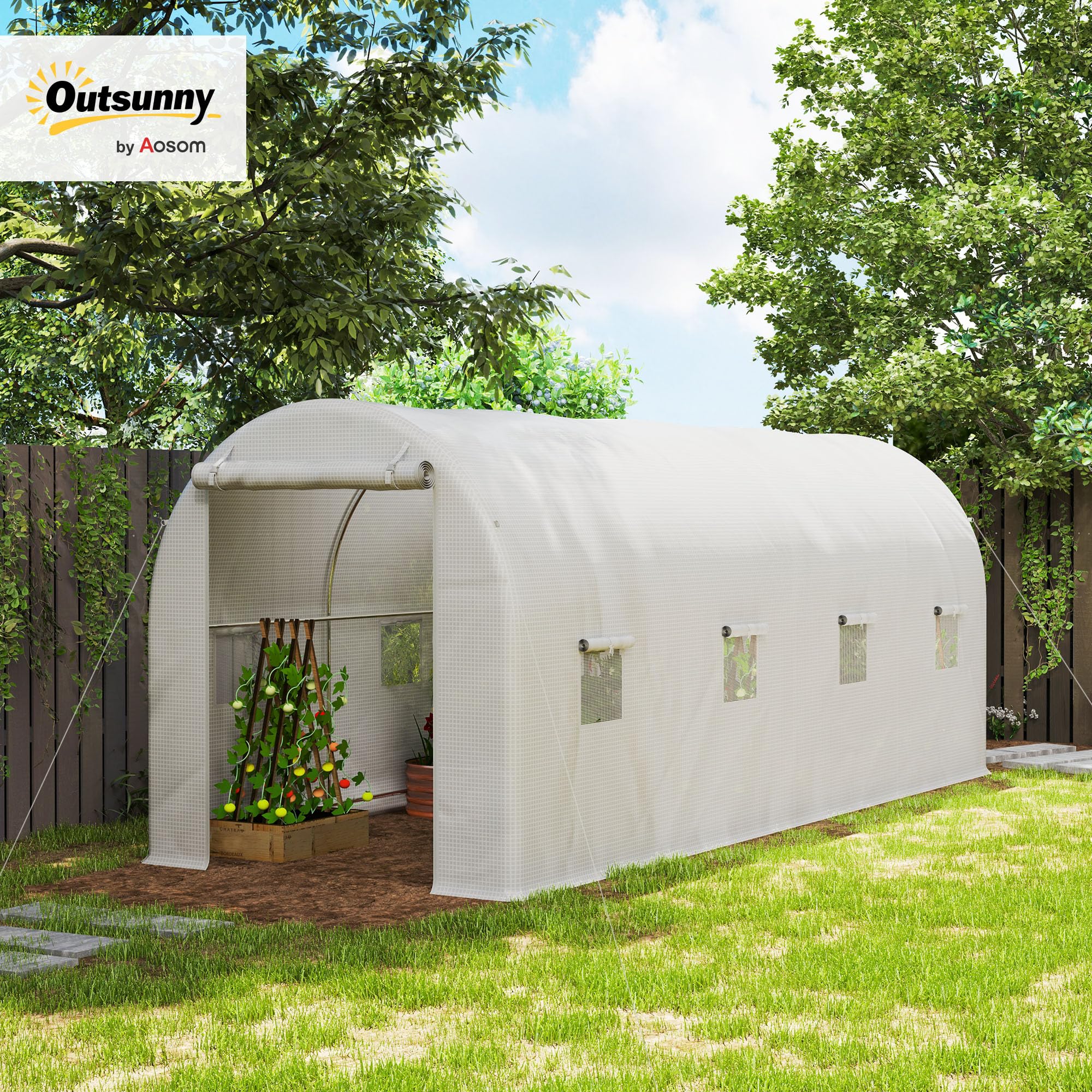 Outsunny Invernadero de Túnel 500x200x205 cm Invernadero de Jardín con Puerta Enrollable y 8 Ventanas Cubierta PE 140 g/m² Marco de Metal para Cultivo Plantas Verduras Blanco