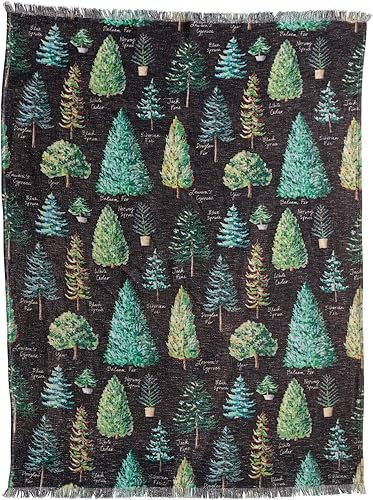 Creative Co-Op Manta estampada de algodón de 60 pulgadas de largo x 50 pulgadas de ancho con árboles de hoja perenne y flecos, multicolor