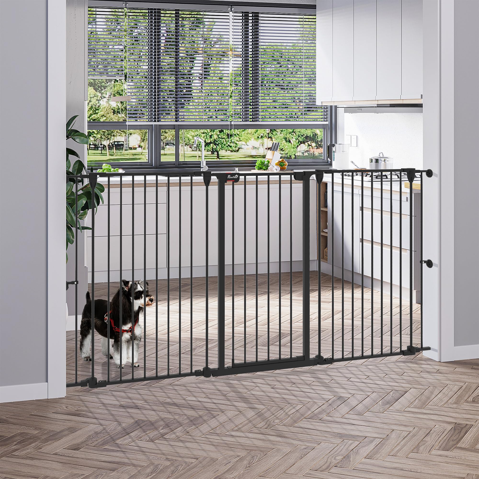 PawHut Cancelletto per Cani 90A cm a 3 Pannelli Pieghevoli con Doppio Sistema di Blocco, Cancelletto di Sicurezza in Acciaio e Plastica, 206x90cm, Nero