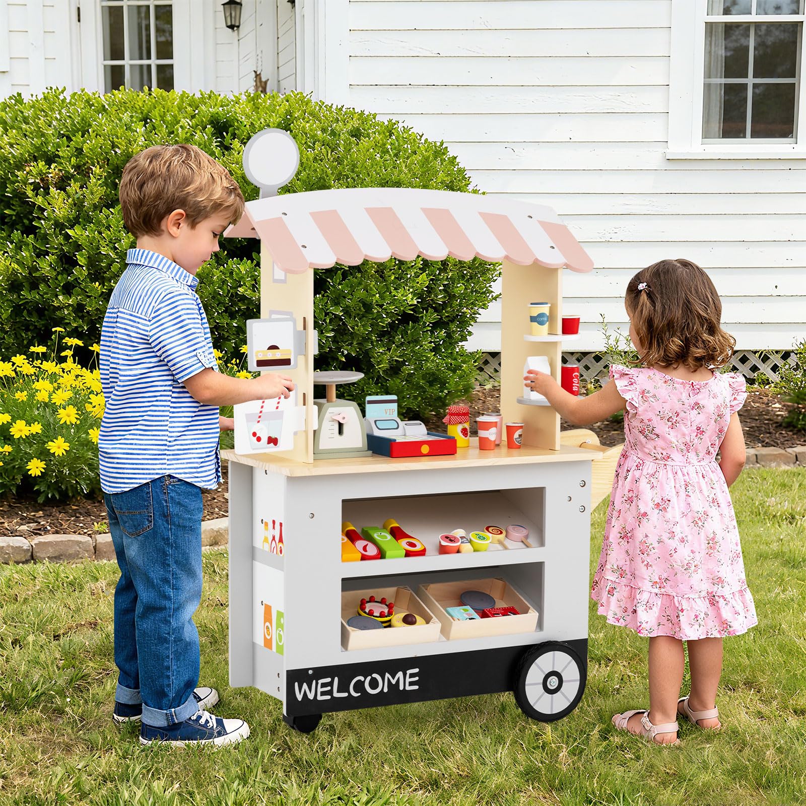 GOPLUS Carrito de Aperitivos para Niños con 30 Accesorios, Comerciante de Madera con Toldo, Carrito de Supermercado con Caja Registradora, Juego de Imitación Educativo para Niños de 3+ Años (Gris)