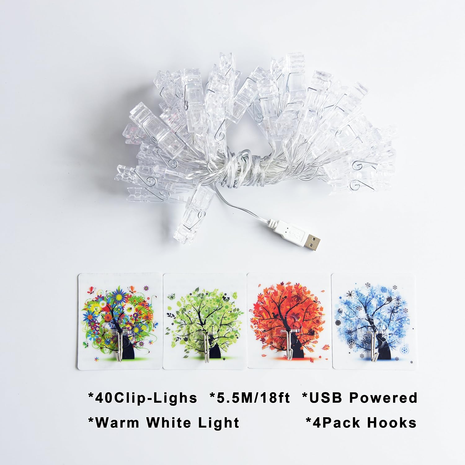 AbeyongD 40 LED Photo Clips String Lights,18ft USB Powered , Fairy String Lights for Hanging Photos Pictures Cards and Memos, Ideal gift for Bedroom Decoration (Warm White)