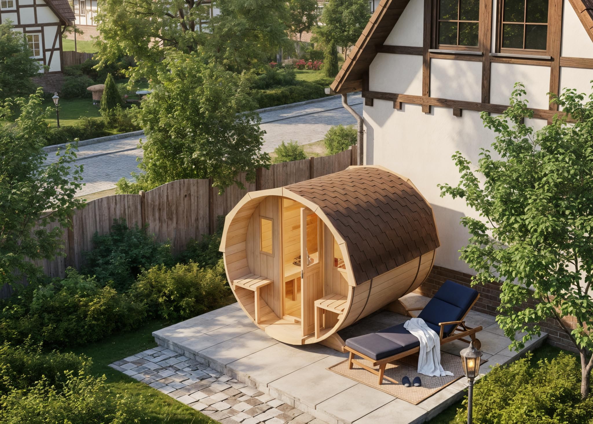 Fass-Sauna Sam, Aussensauna Fichte unbehandelt, Natur, ohne Ofen 2,80 x 2,19 m