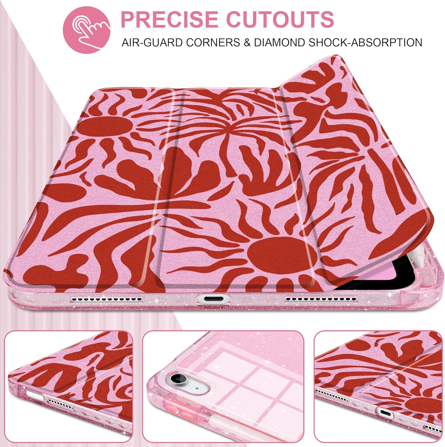 MEEgoodo Case for iPad A16 11th Generation 2025/10th Generation 2022, Glitter Tablet Cases with Transparent Acrylic Back+Trifold Stand +Pencil Holder+Auto Wake/Sleep,Abstract Sun & Palm Tree