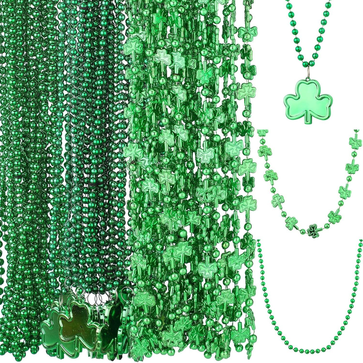 Landical 60 Pcs St Patrick's Shamrock Necklaces Irish Clover Green Bead Pendant Bead Necklaces Bulk St Patrick's Day Accessories Green Beaded Necklace for Parade Party Favor Supplies, 3 Styles