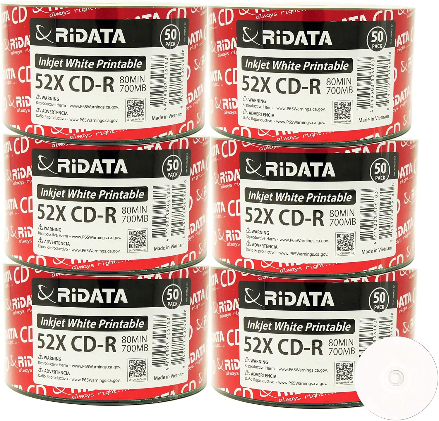 300 Pack Ridata CD-R 52X 700MB 80Min White Inkjet Hub Printable Blank Media Recordable Disc