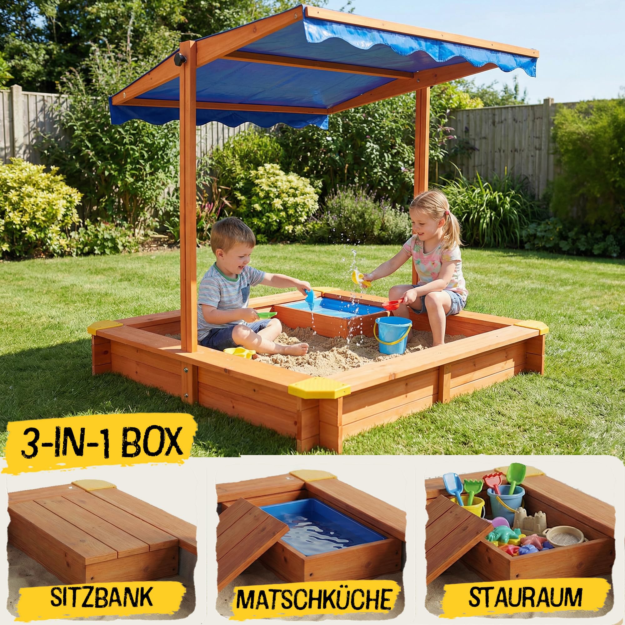 FRIEDO - Sandkasten mit Dach (UV80+) & Matschküche 140x140 cm - Sandkiste inklusive Bodenvlies gegen Unkraut und Ungeziefer - Sandkasten mit Abdeckung für Kinder (L - 140x140cm)