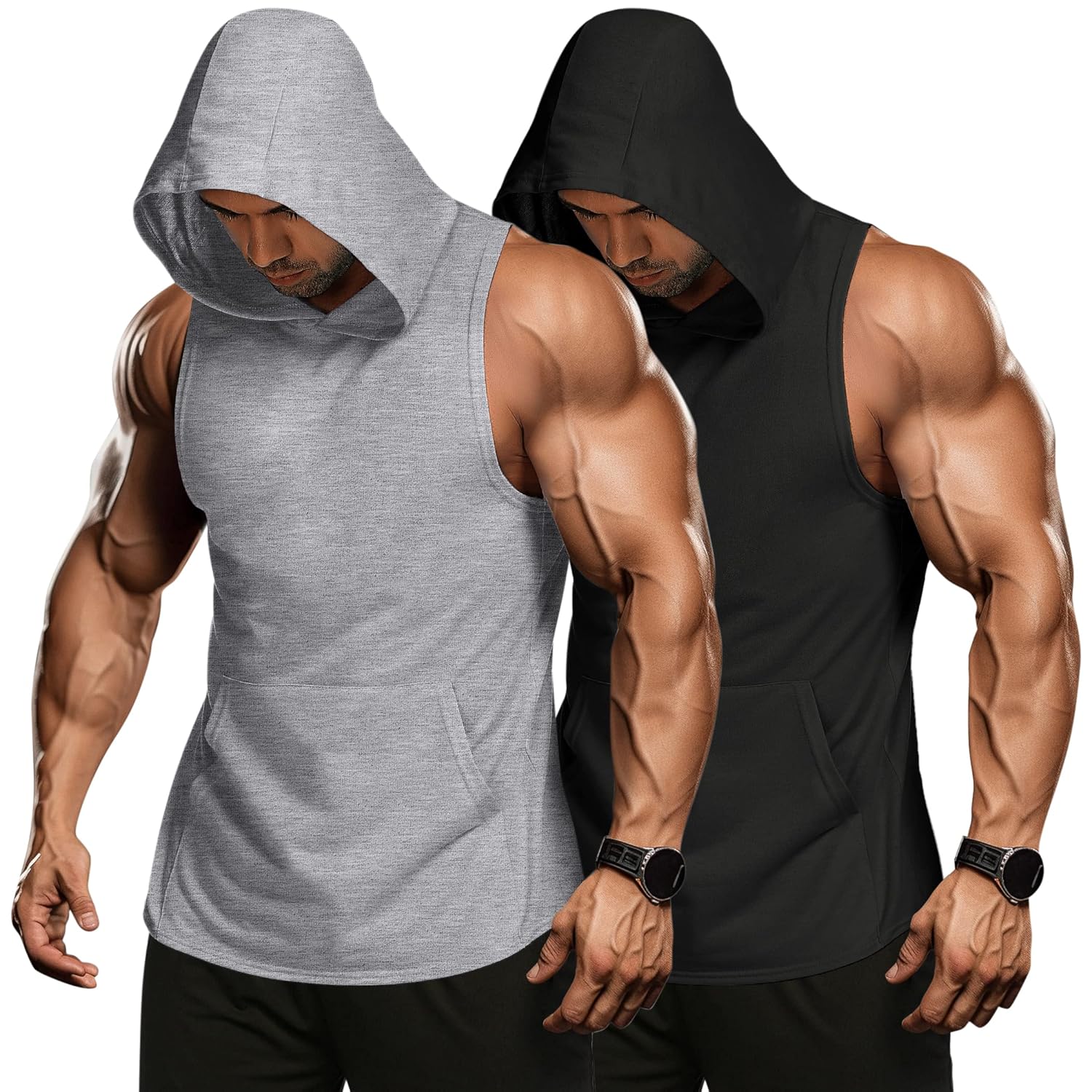COOFANDY Mens 2 Pack Workout Hooded Tank Tops Bodybuilding Muscle Cut Off T Shirt Sleeveless Gym Hoodies