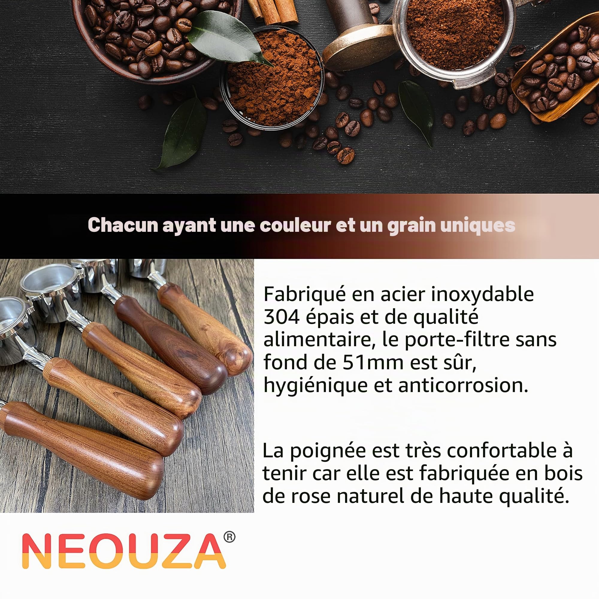 NEOUZA – Porte-filtre Espresso 51 mm compatible avec machine à café DeLonghi Dedica EC680 EC685 Smeg, panier non pressurisé, double becs (3 oreilles)