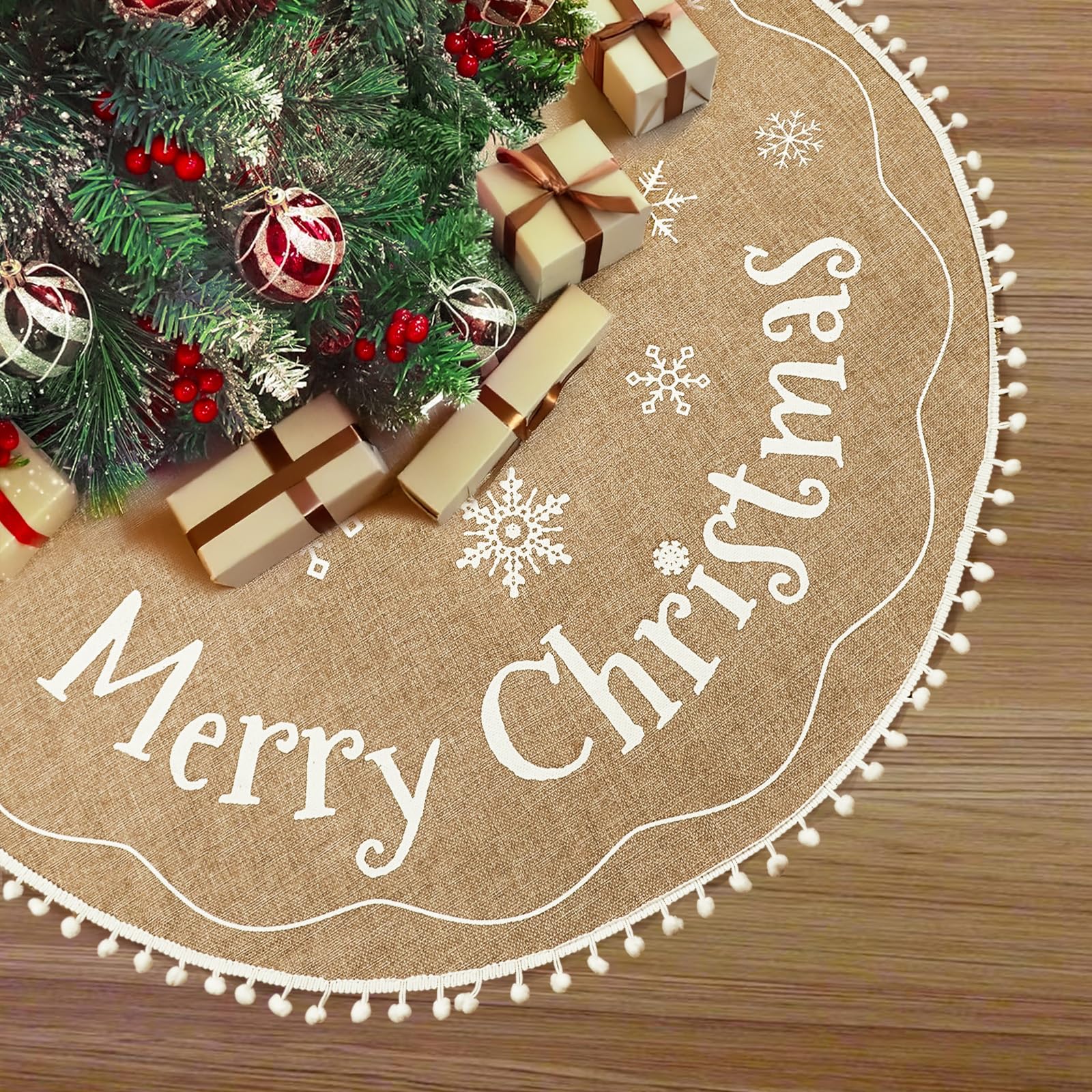 OurWarm Christmas Tree Skirt 48 Inches, Burlap Tree Skirt for Artificial Trees Printed with Snowflakes and Merry Christmas, Brown Rustic Tree Skirt for Christmas Decorations New Year Holiday Party