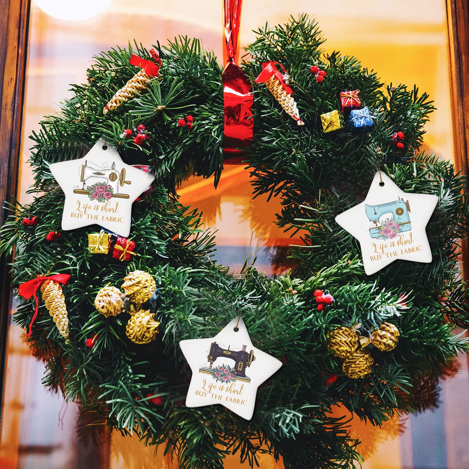 3 piezas de ornamento para máquina de coser para árbol de Navidad, regalo de agradecimiento a los empleados, regalo de agradecimiento a granel de cerámica en forma de estrella vintage para compañero 5