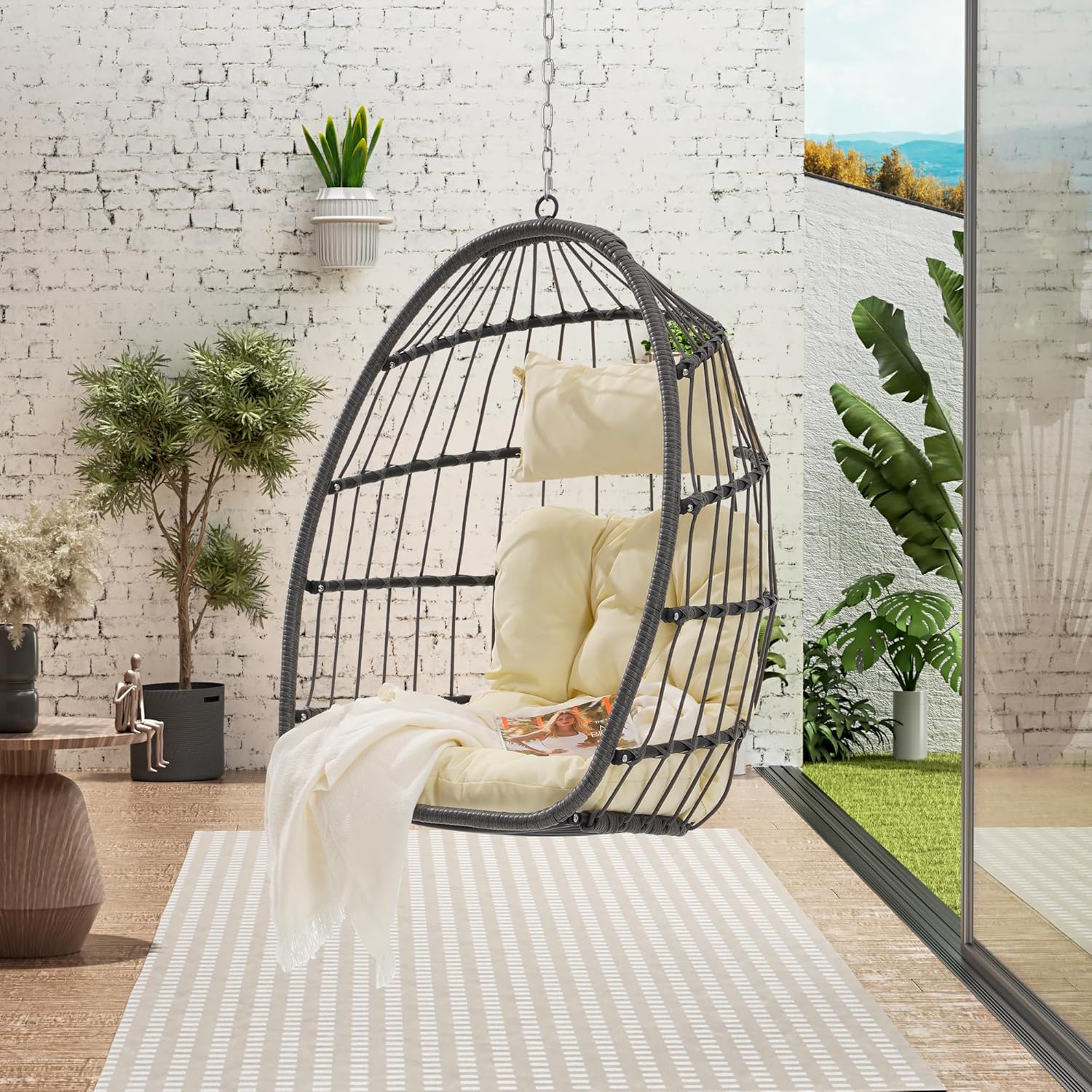 Swing Egg Chair Without Stand Indoor Outdoor Wicker Rattan Patio Basket Hanging Chair with UV Resistant Cushions 265lbs Capaticy for Bedroom Balcony Patio (Khaki)