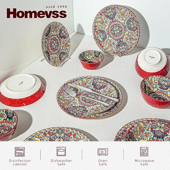 Homevss Boho 10 Pieces Dinnerware Sets, Plates and Bowls Set, Porcelain Dishes Set for 2, Microwave and Dishwasher Safe, Scratch Resistant, Bohemian Style Dining Ware, Red