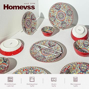 Homevss Boho 10 Pieces Dinnerware Sets, Plates and Bowls Set, Porcelain Dishes Set for 2, Microwave and Dishwasher Safe, Scratch Resistant, Bohemian Style Dining Ware, Red