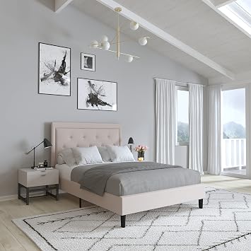 Merrick Lane Mallory Full Size Platform Bed - Tufted Upholstered Platform Bed - Beige Fabric