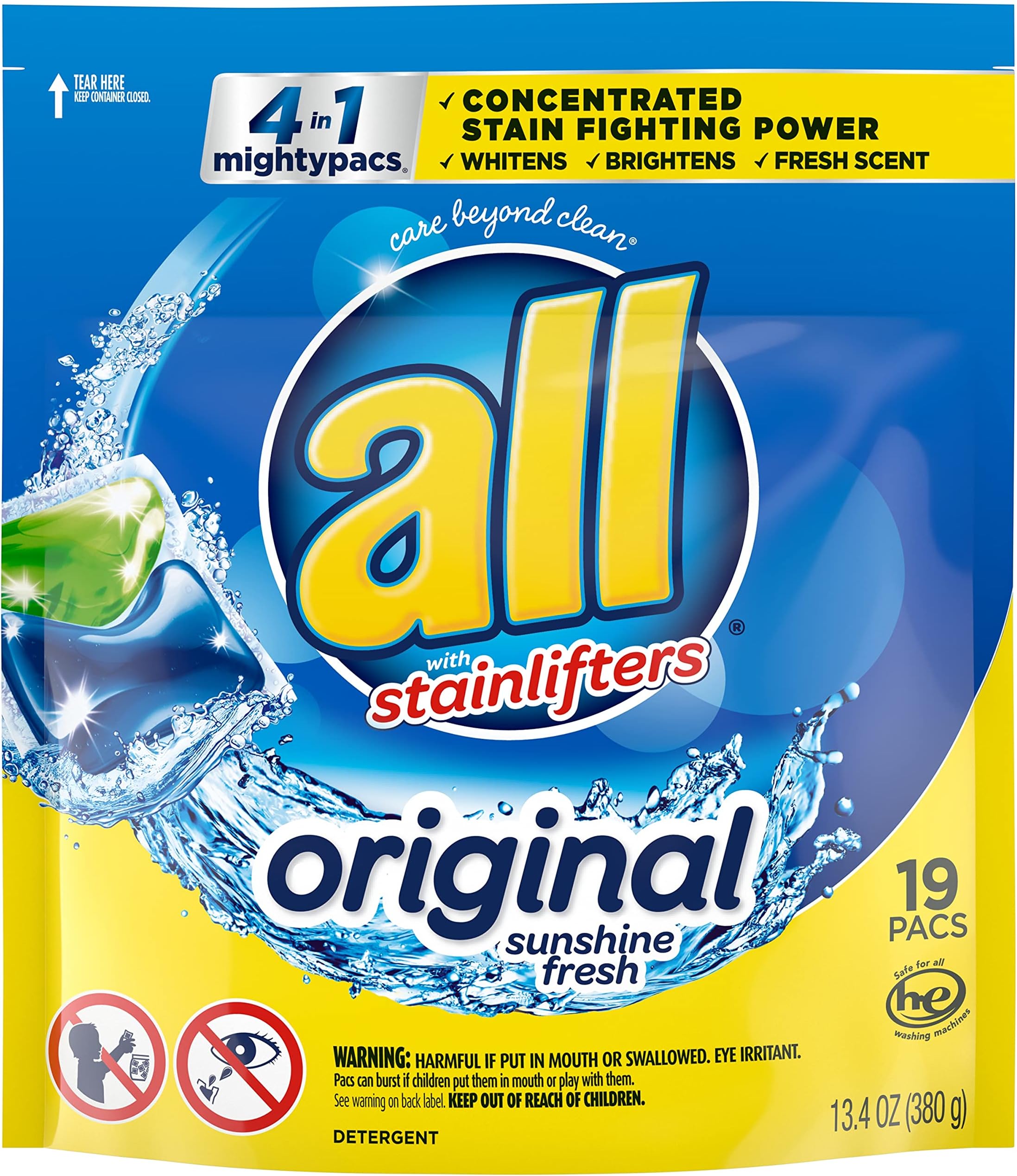 allMighty Pacs Laundry Detergent, 4 In 1 Stainlifter Pouch, 19 Count
