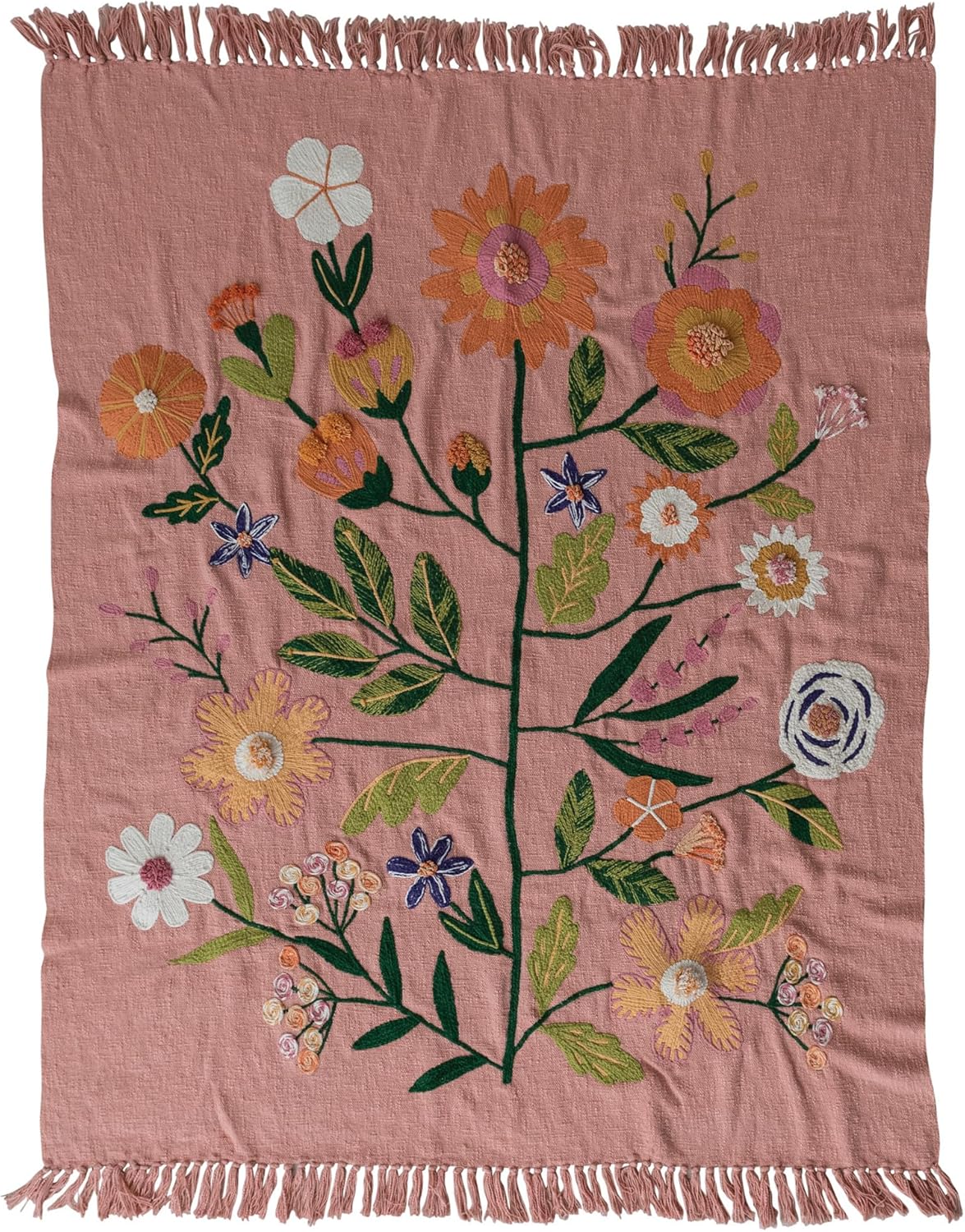 Creative Co-Op Woven Cotton Throw with Embroidered Flowers and Fringe, Multicolor