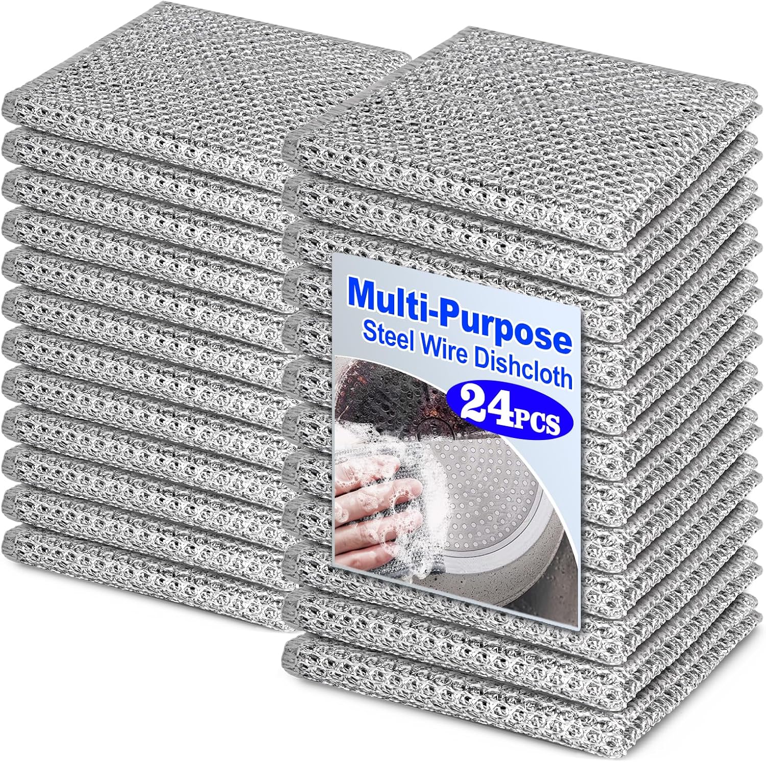 24 Pcs Multipurpose Wire Dishwashing Rag, 7.87″ x 7.87″ Non Scratch Wire Dishcloth, Double-Layer Steel Wire Dishwashing Cloth Reusable Wire Cleaning Cloth for Cookware, Sinks, Dishes, Stove Tops