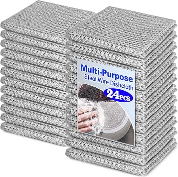 24 Pcs Multipurpose Wire Dishwashing Rag, 7.87" x 7.87" Non Scratch Wire Dishcloth, Double-Layer Steel Wire Dishwashing Cloth Reusable Wire Cleaning Cloth for Cookware, Sinks, Dishes, Stove Tops