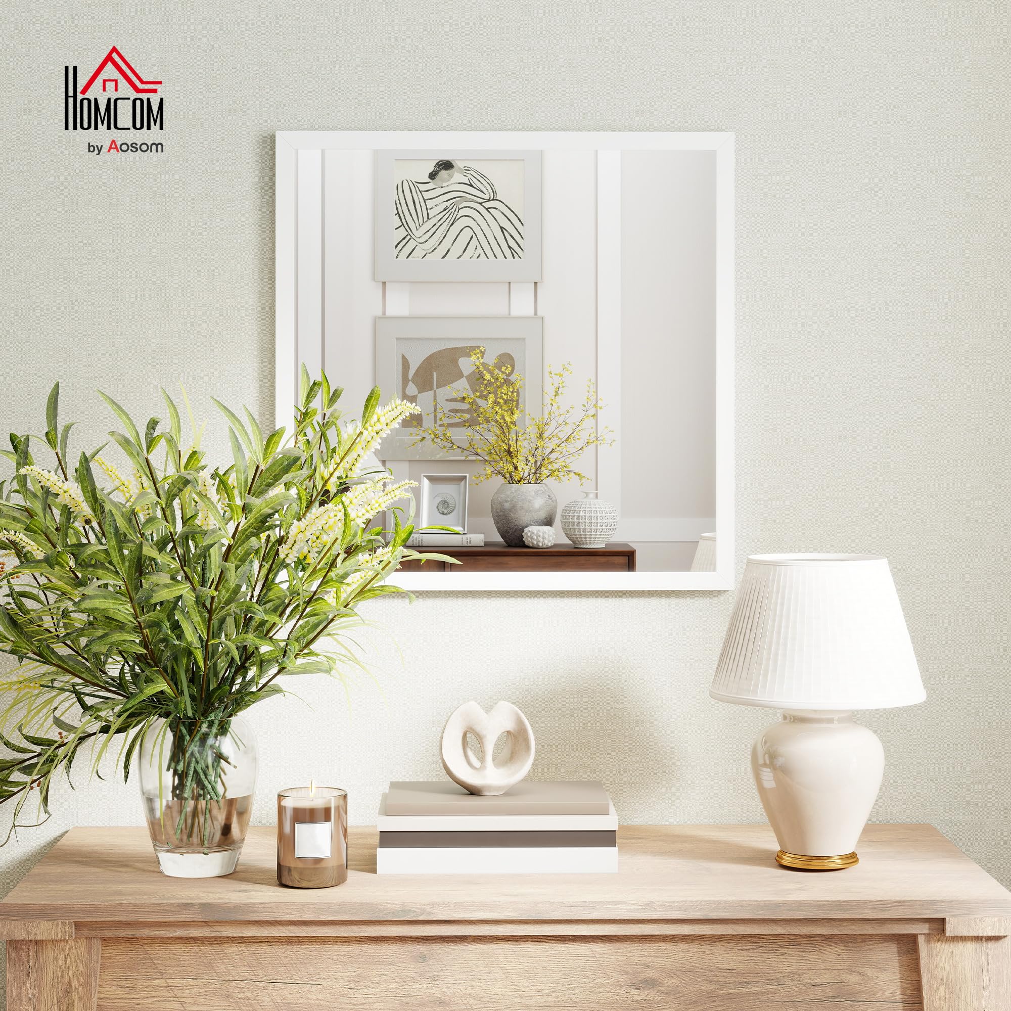 HOMCOM Espejo de Pared Cuadrado 50x50 cm Marco de Madera Blanco | Ideal para baño, sala de estar, dormitorio