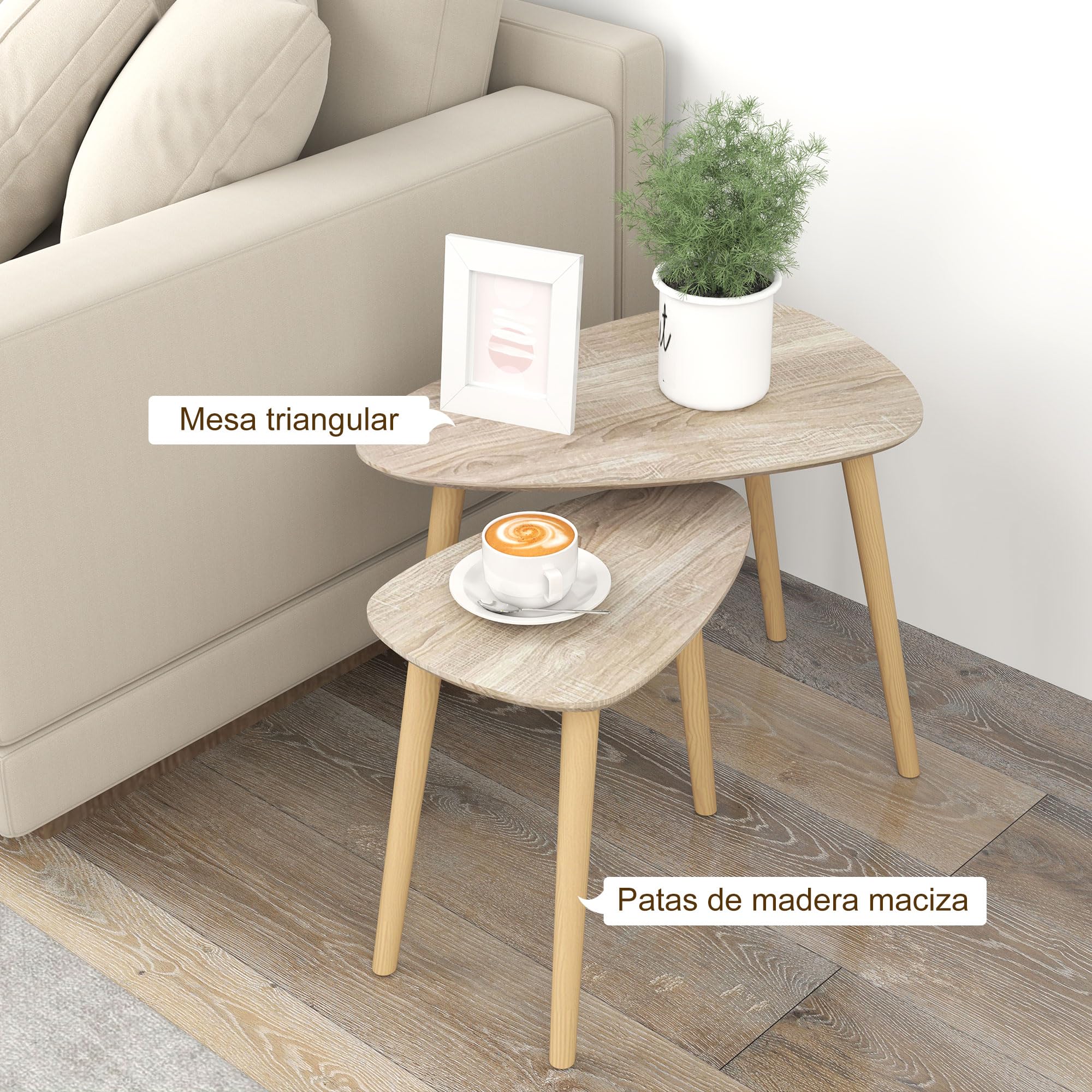 HOMCOM Juego de 2 Mesas de Centro, Mesa Nido Moderna, Mesitas Auxiliares, Patas de Madera de Pino, para Salón, Dormitorio, Oficina, Madera Natural