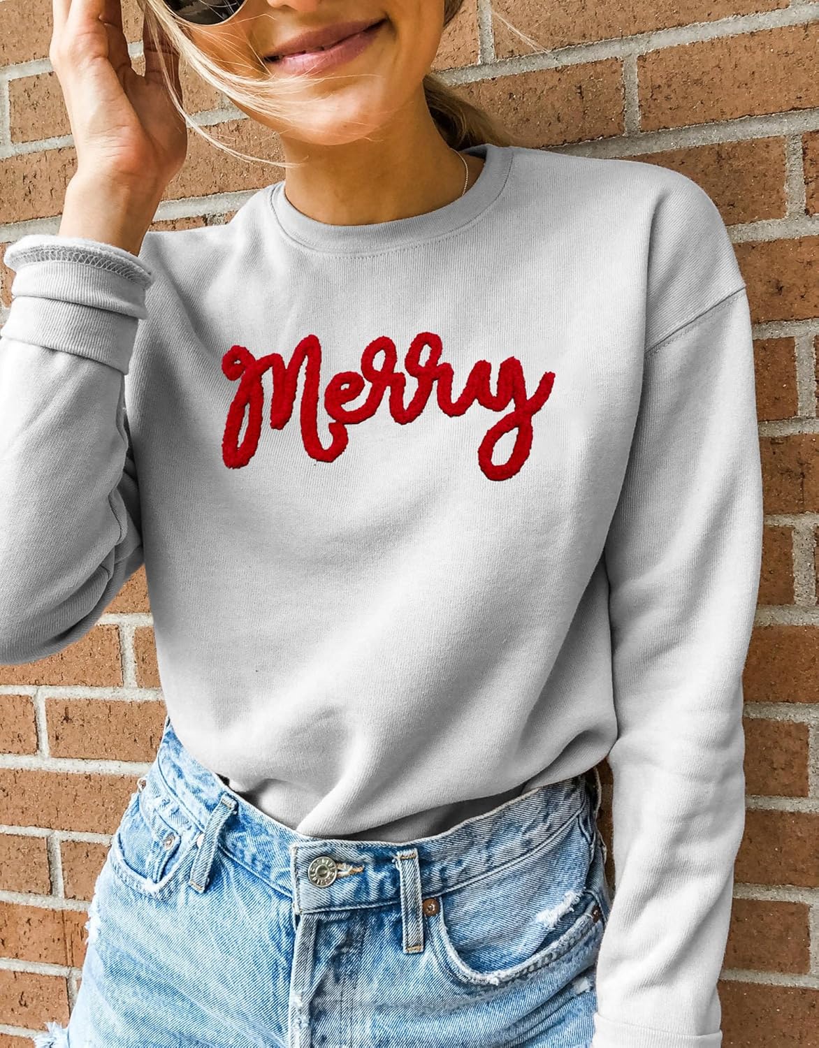 Christmas Sweatshirts Women Merry Chenille Letter Sweatshirt Xmas Holiday Party Gifts Crewneck Pullover Blouse - Image 4