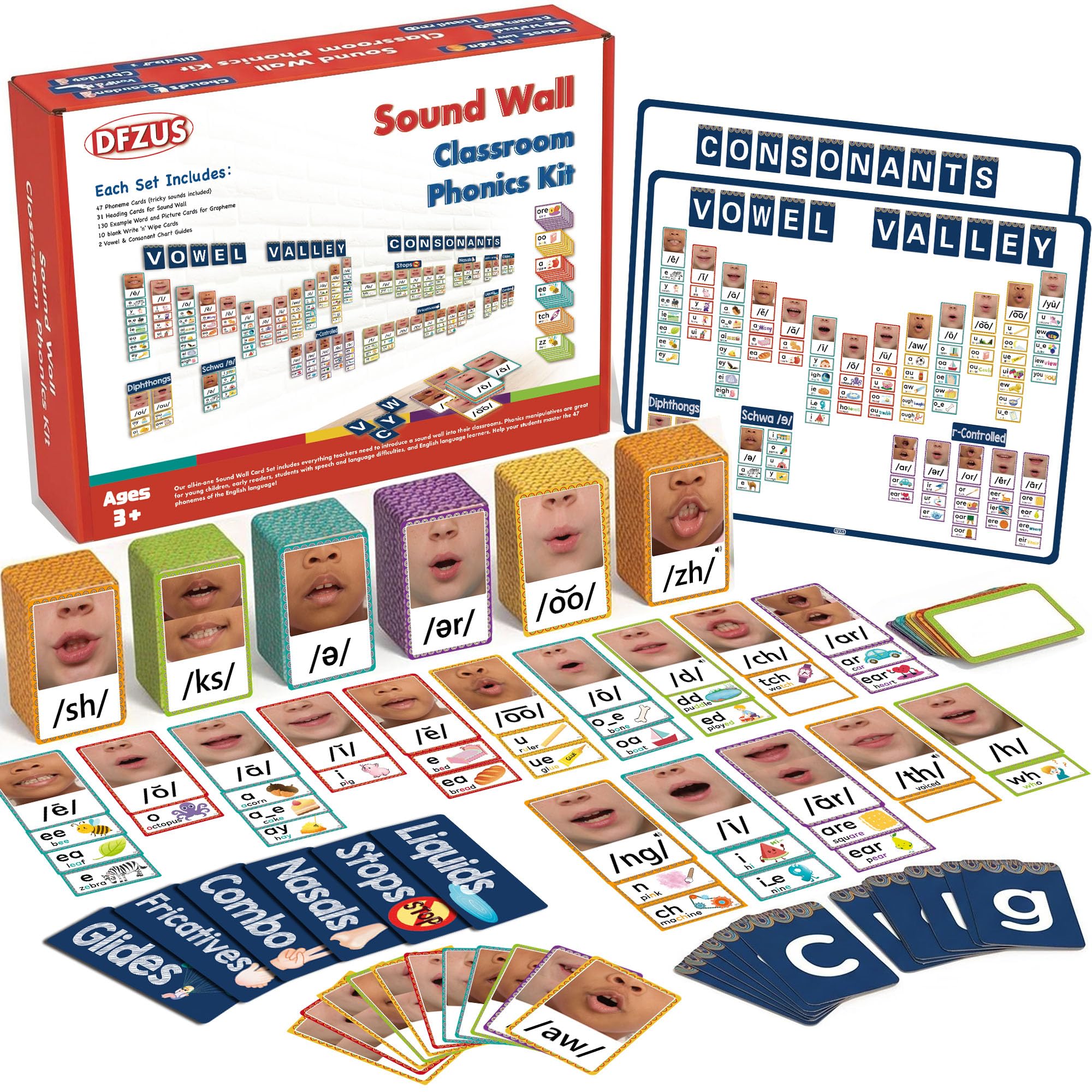 Sound Wall Classroom Phonics Kit, nauka czytania dźwiękowych spółgłosek ściennych i wystrój sali lekcyjnej Vowel Valley, świadomość fonemiczna, materiały do terapii mowy ESL (220 kart)
