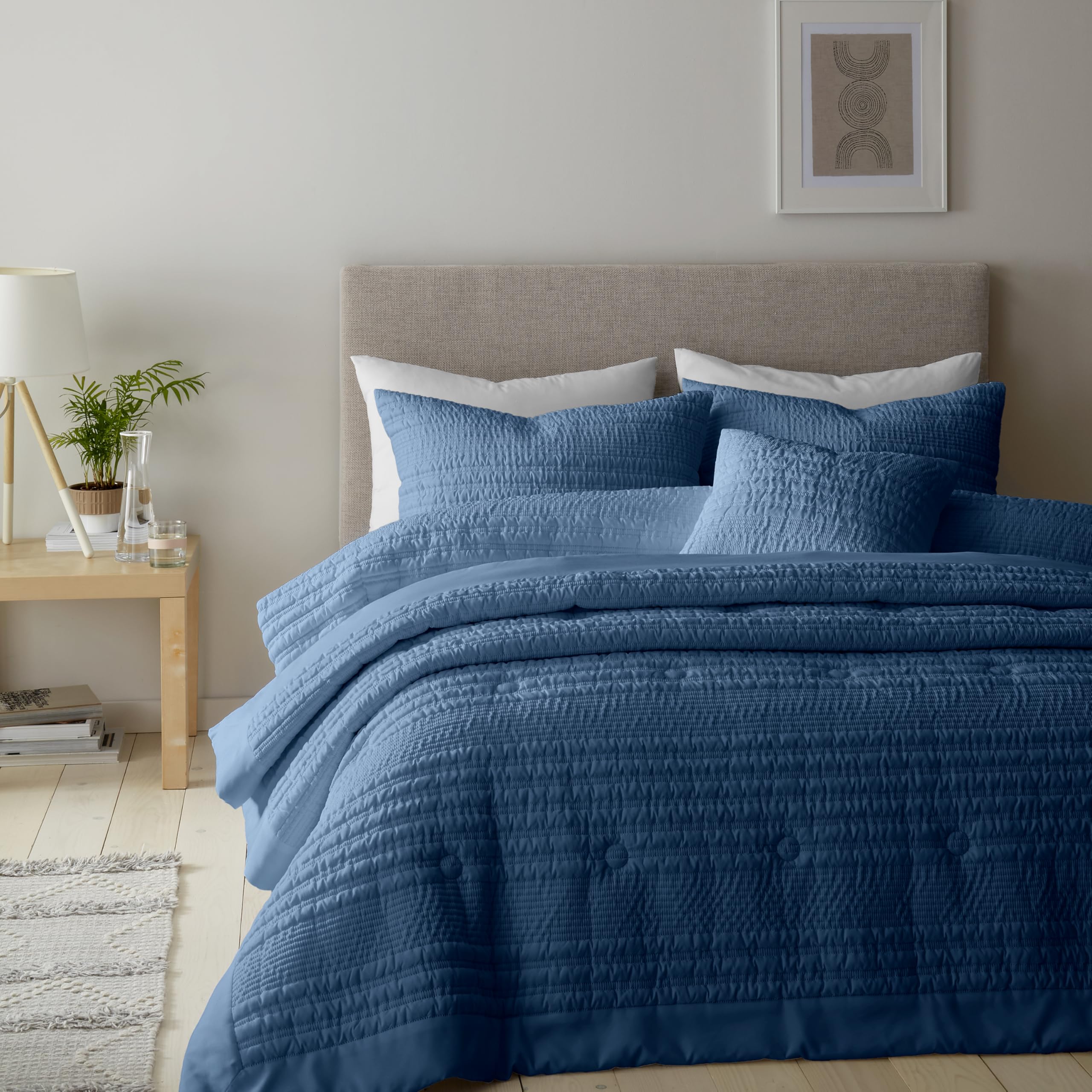 Catherine Lansfield Lennon Stripe Super King Duvet Cover Set with Pillowcases Blue
