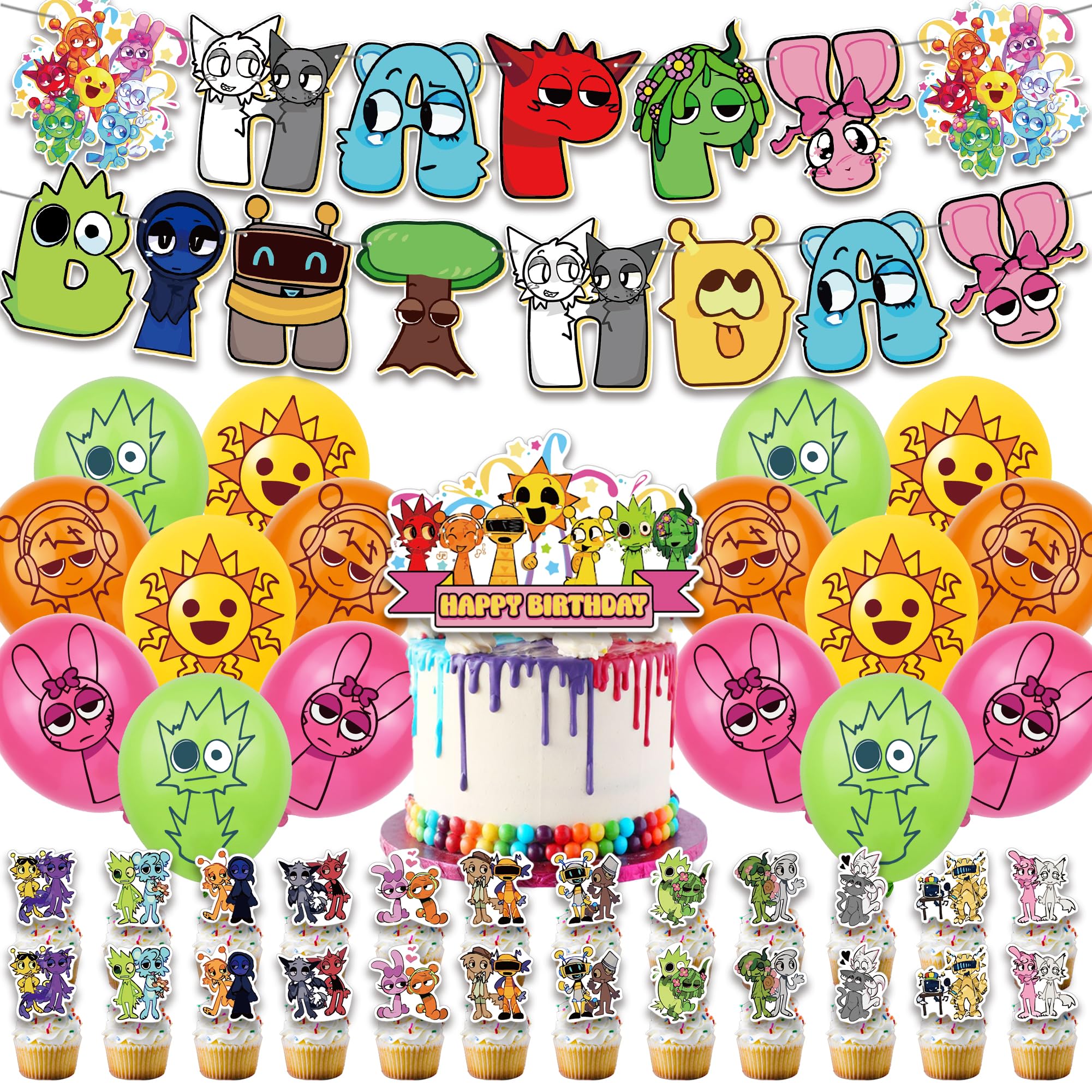 Game Sprunki Birthday Party Decorations Supplies, Banner Sprunki Balloons Cake Topper, Cupcake Toppers Cake Decorations