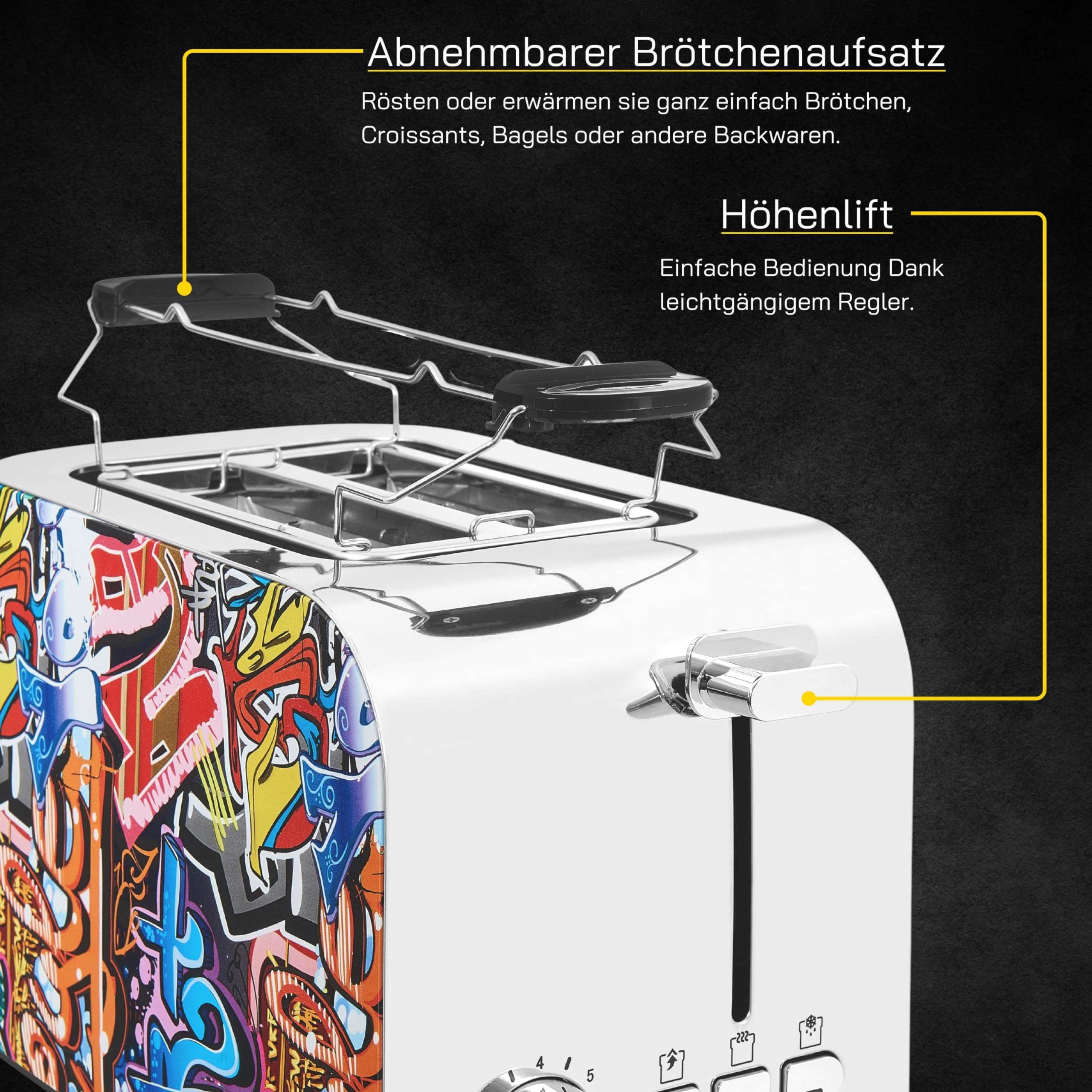 TOAST 3010 G | toster 2 kromki z nasadką na bułki | 7 poziomów mocy | 850 W | funkcja rozmrażania, podgrzewania, zatrzymywania | styl graffiti