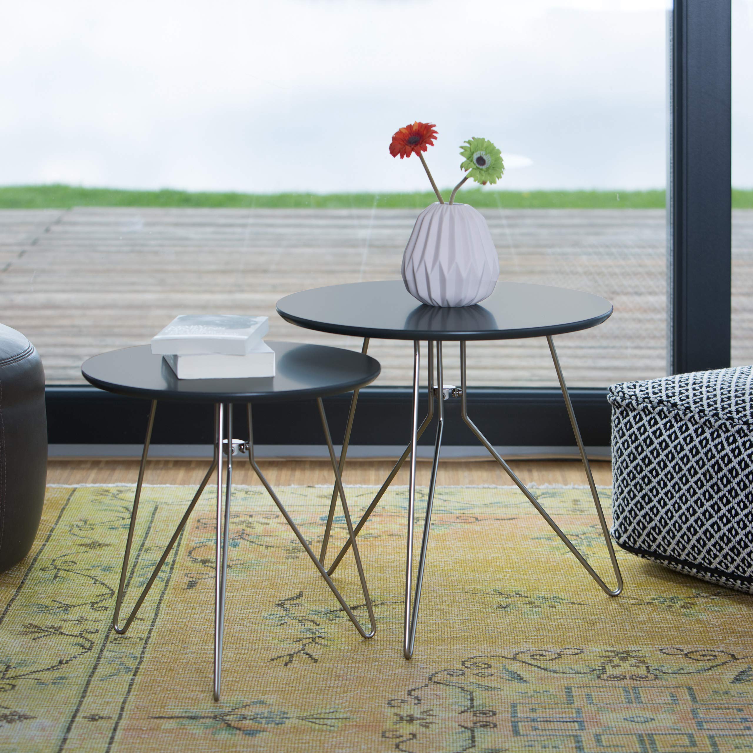 Relaxdays Mesa Auxiliar Redonda, Set 2 Unidades, Mesitas Centro Modernas, DM-Metal, 48 y 40 cm Ø, Gris Mate