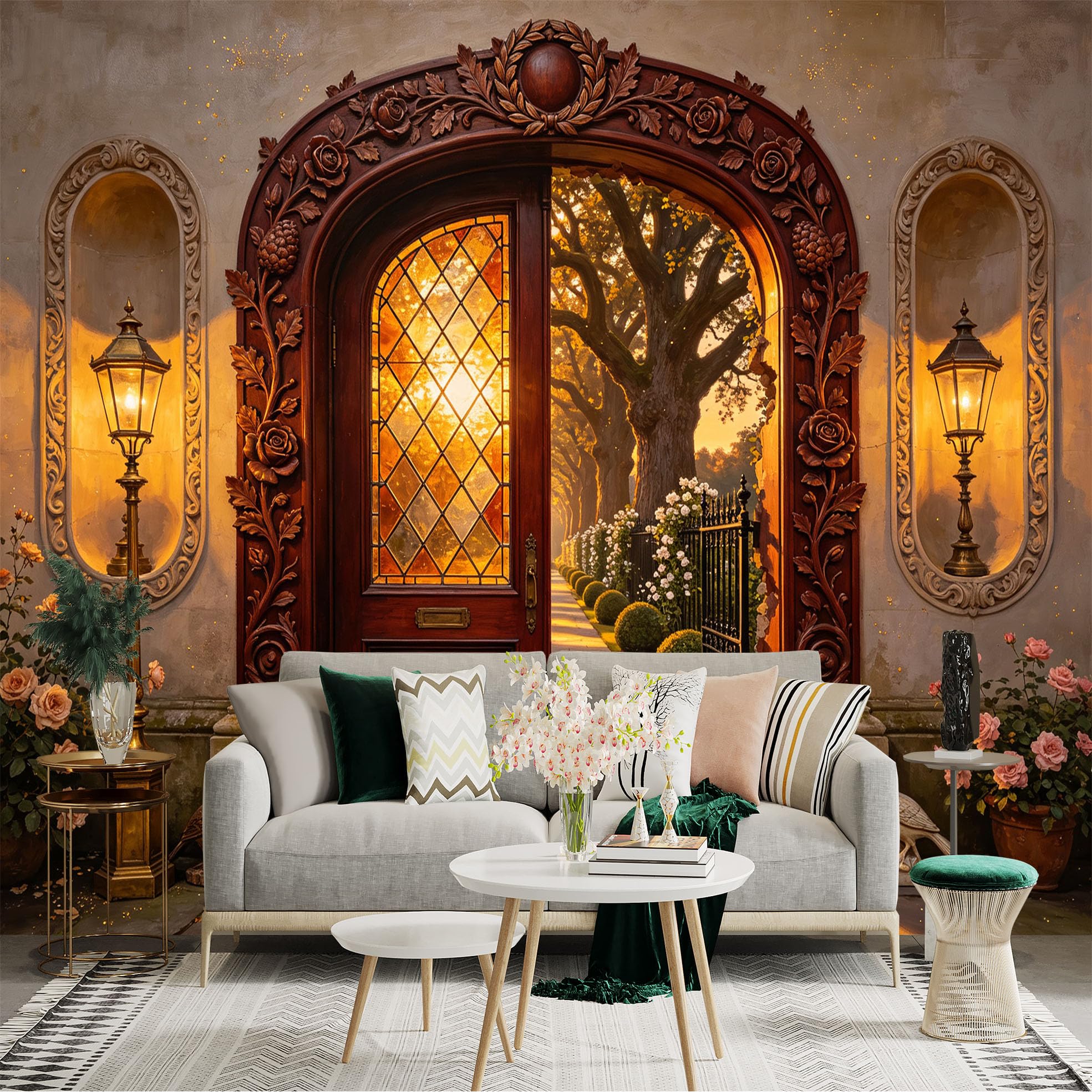 Custom Size Wall Sticker Mural， Vintage Garden Entrance with Wooden Door， Sunset Path and Floral Arch， for wall Decoration， peelandstick wall Decals.