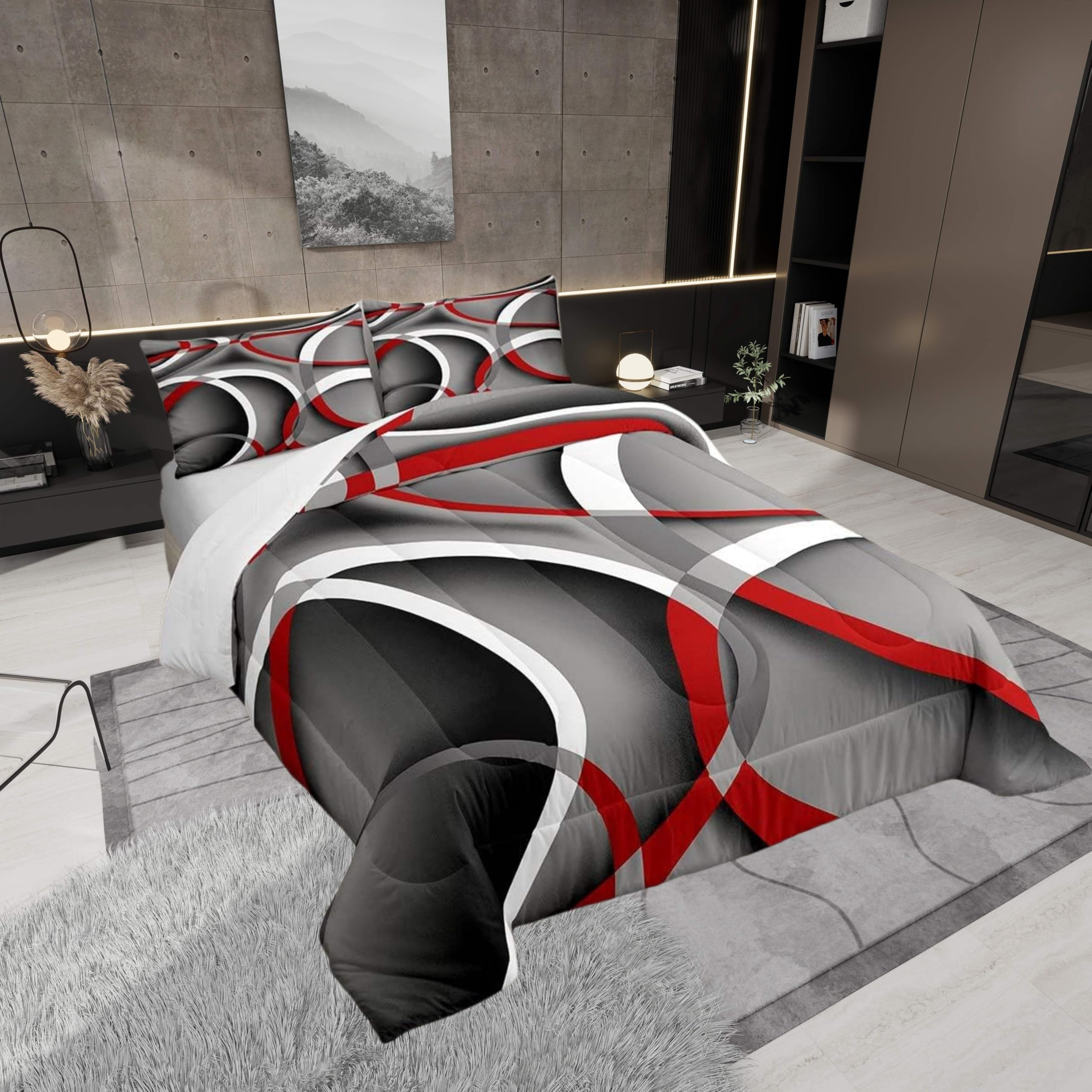 Stripes Comforter Set Queen Kids Teens Gray Black Red Swirls Room Decor Abstract Stripes Circle Bedding Set,Soft Lightweight Modern Simple Style Duvet,Youth Young Man Quilt,1 Comforter + 2 Pillowcase