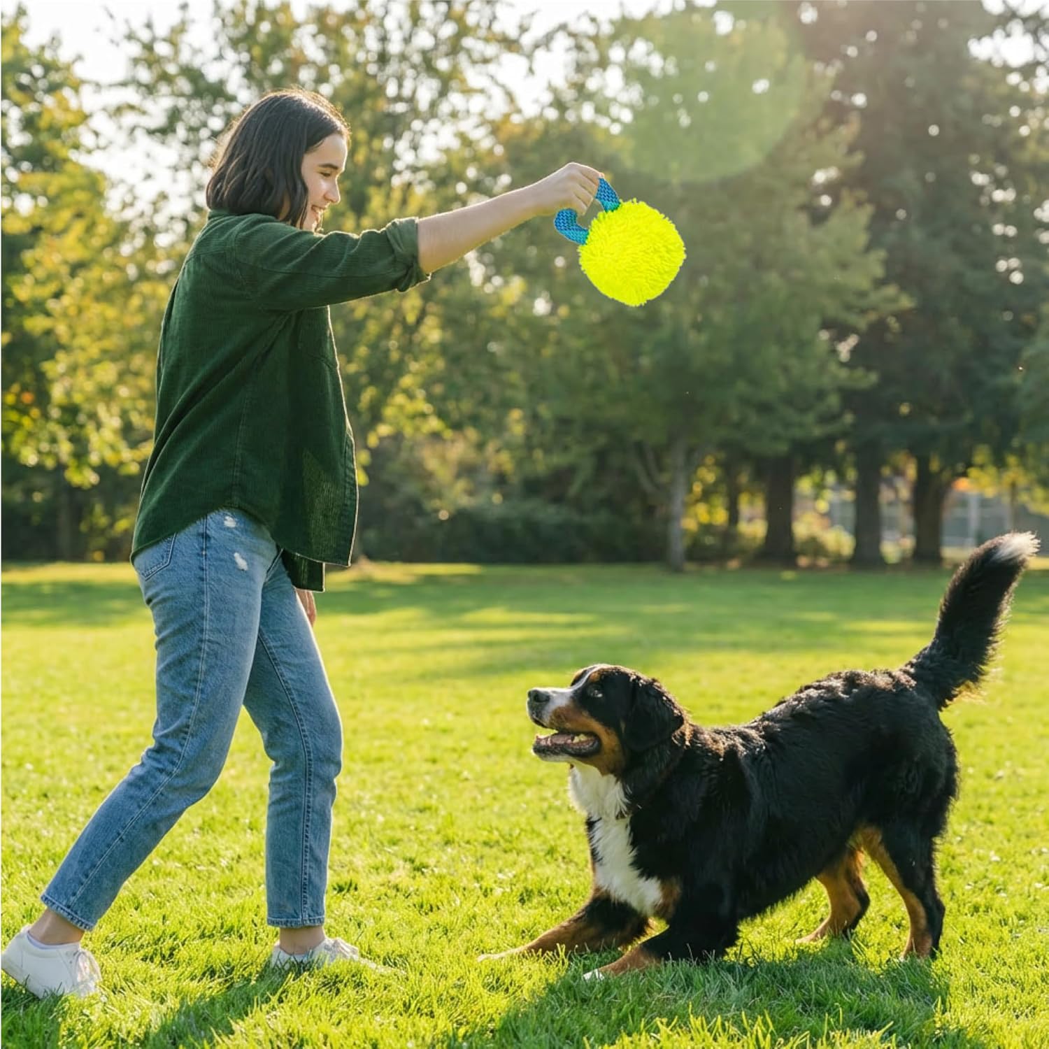 Outward Hound FlyFetch Giggle Ball Dog Toy, Giggles & Squeaks, Handle for Tug & Fetch, Lightweight, Multiple Textures, All Breeds, 7.3"