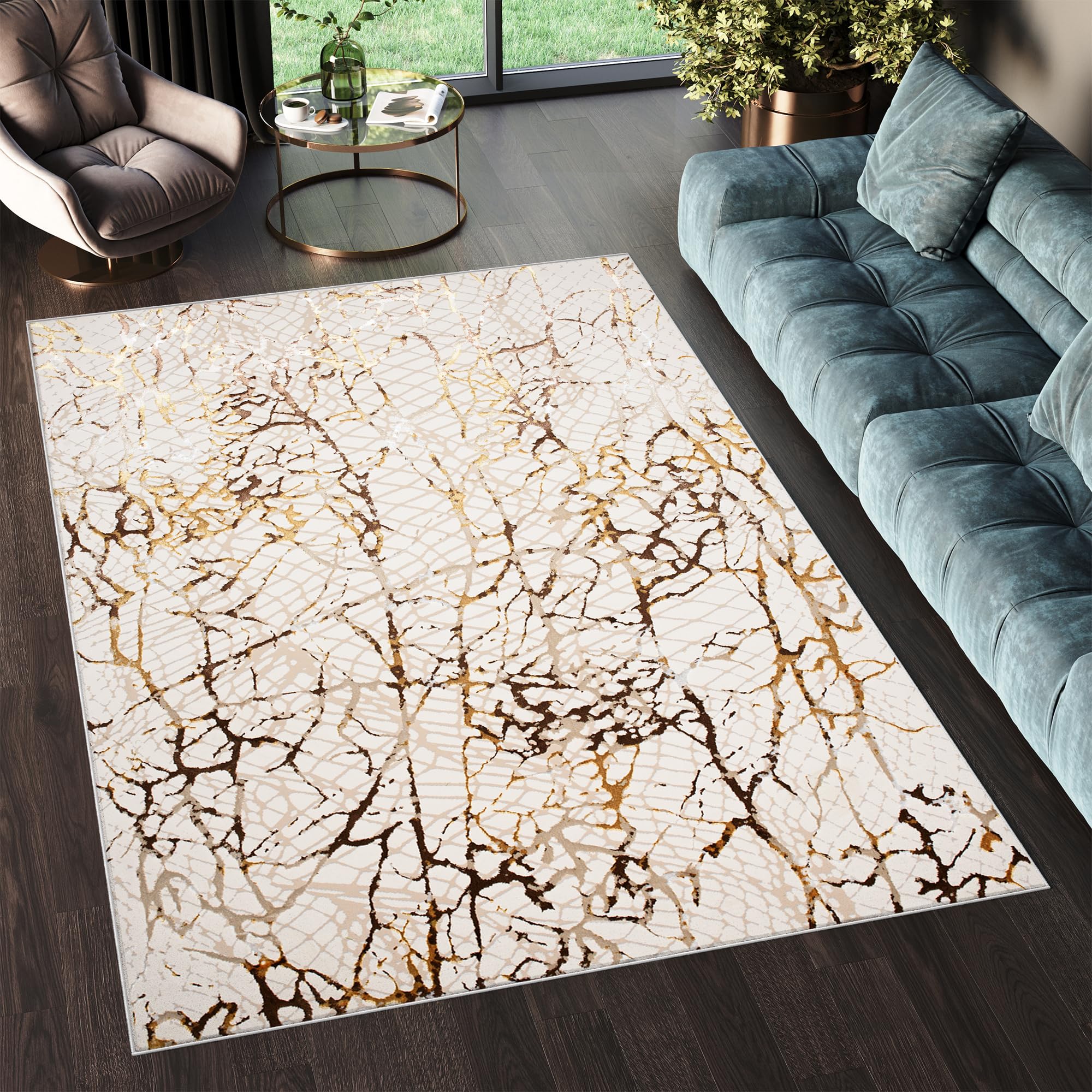 TAPISO Golden Alfombra de Pelo Corto Brillante Suave Diseño Moderno Beige Crema Marrón Dorado Alfombra de Salón Dormitorio Habitación Oeko-Tex 80 x 150 cm