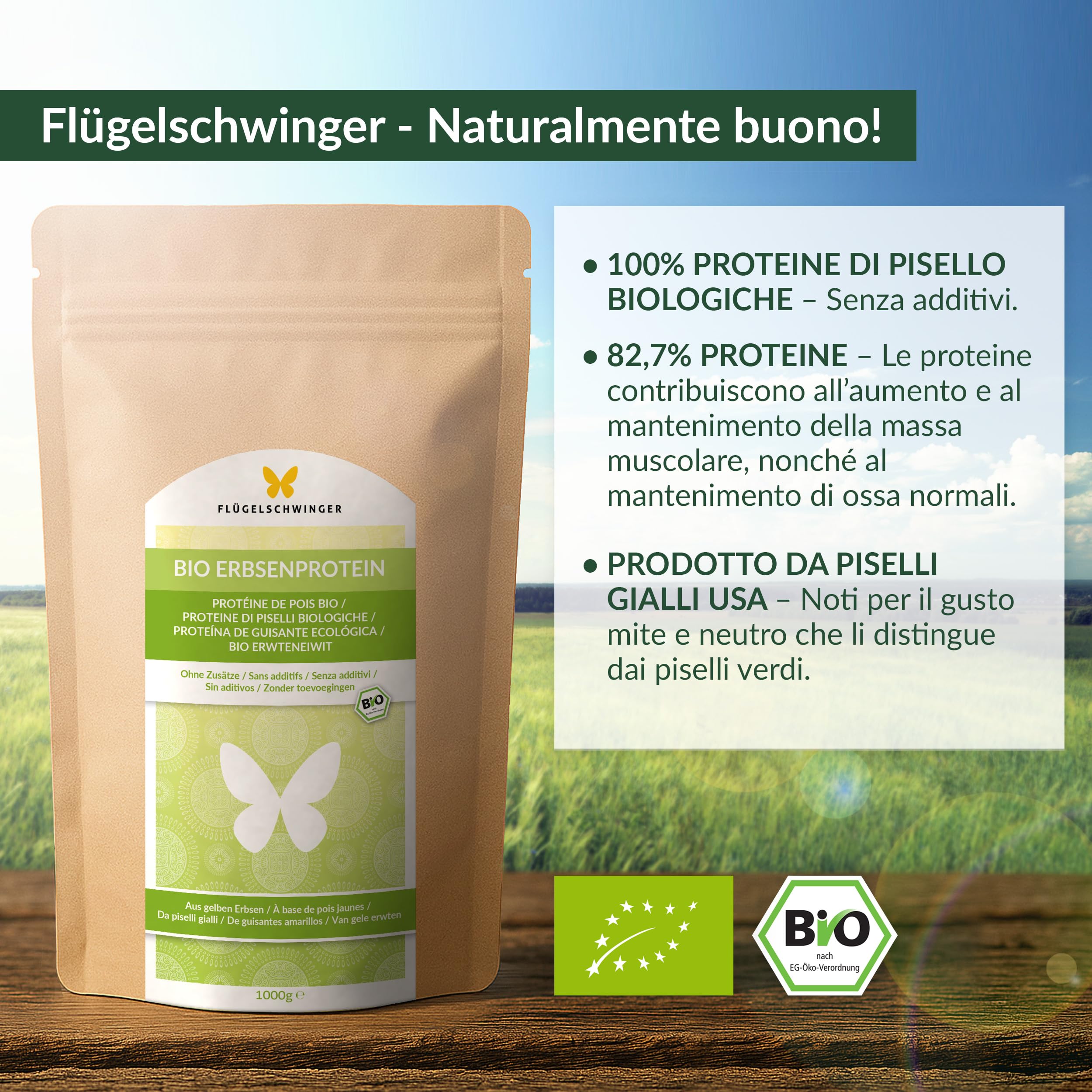 1 kg proteine di pisello BIO da piselli gialli dal gusto neutro, naturalmente vegano, senza lattosio e senza soia (1000 g)