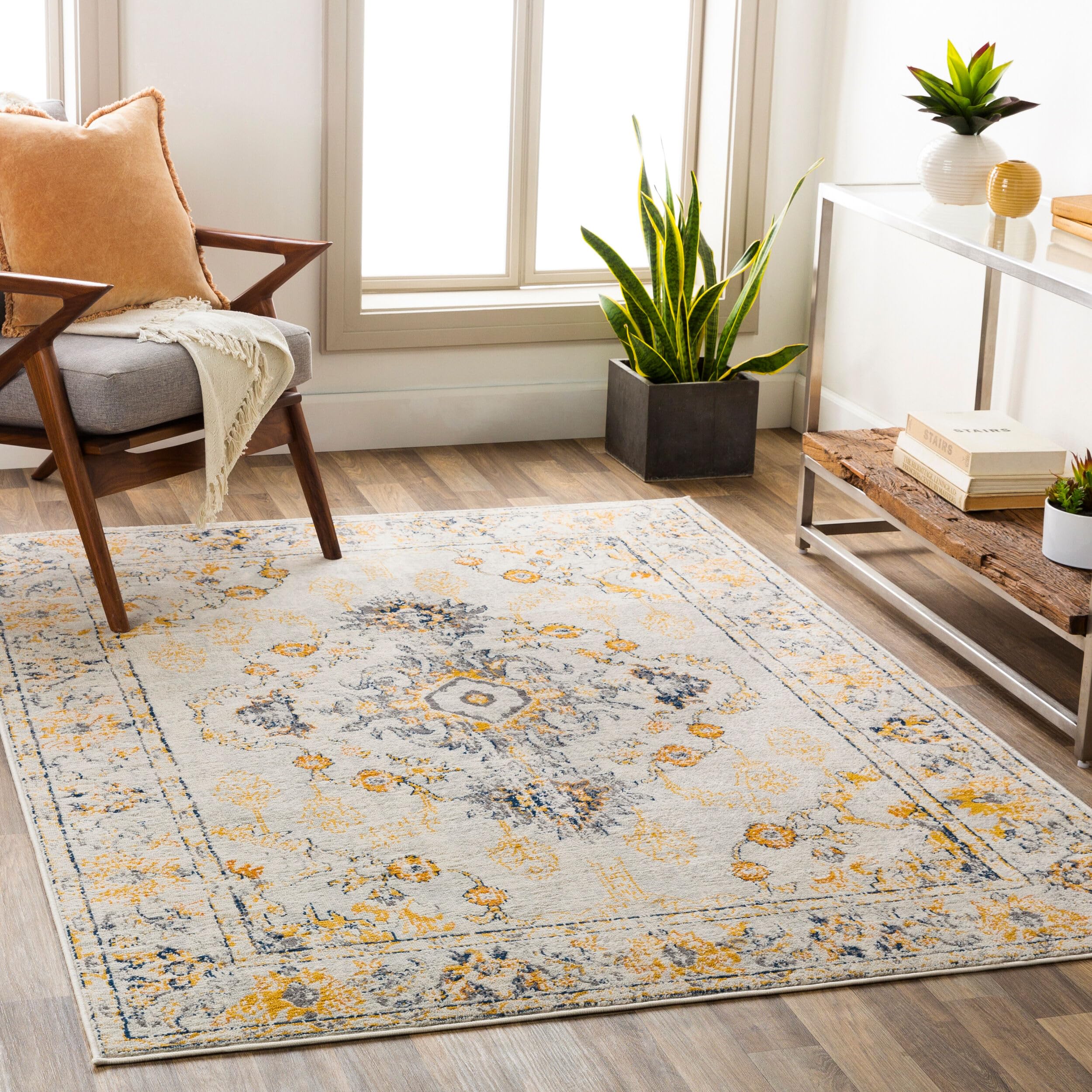 Livabliss Sonam Palma Vintage Area Rug - 160x216 cm, Traditional Multicoloured Boho Style, Easy Care Pile, Bohemian Large Rug for Living Room, Dining Floor, Kitchen, Beige, Mustard and Grey