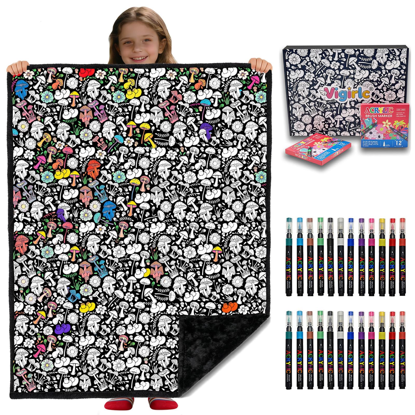 DIY Coloring Blanket for Adults & Kids, 50 x 60 Inch (Mushrooms) | 2 Sets of 12 markers, double-sided and velvet back, machine washable, for all ages, daily use & home decor