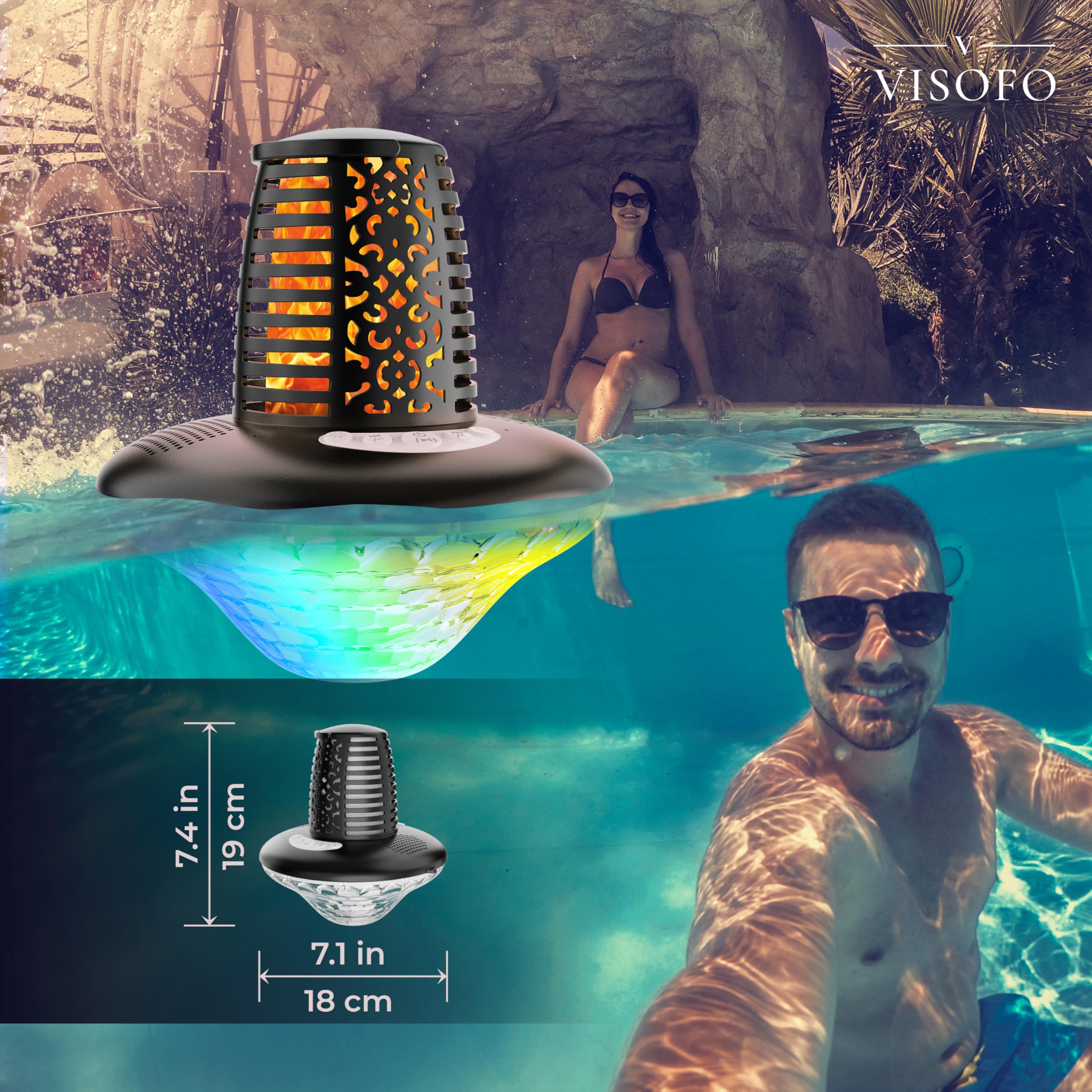 VISOFO Haut-Parleur de Piscine Bluetooth Flottant avec lumières | Accessoires Hors Sol et Piscine creusée étanche IP68 pour Jacuzzi extérieur terrasse Affaires sans Fil Cool Trucs (Multicolore)