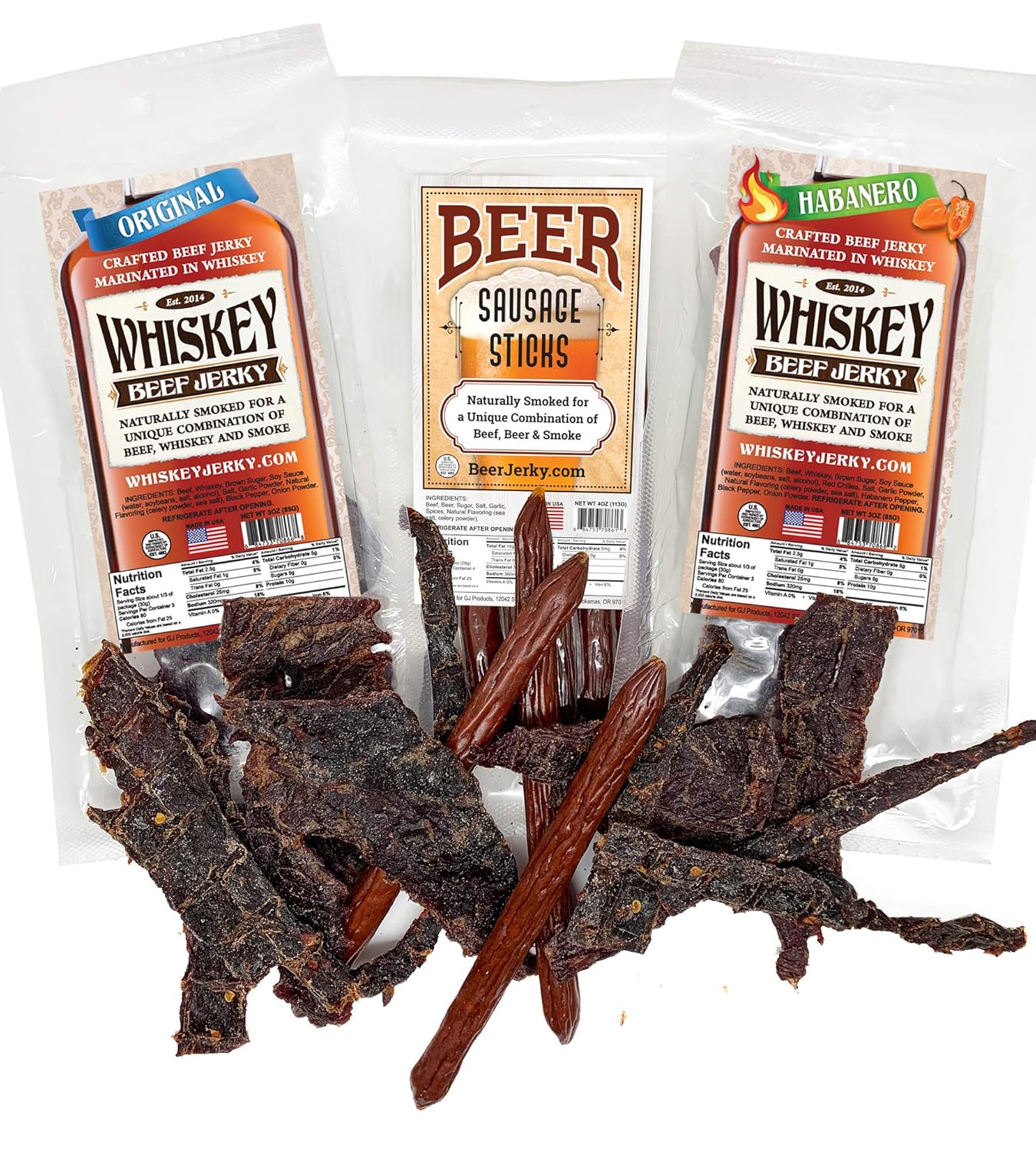 WhiskeyJerky.com, Beef Jerky and Sausage Sticks Marinated in Whiskey, Variety 3-Packs, Jerky Gifts for men (Orig & Habanero Whiskey Jerky/Beer Sausage)