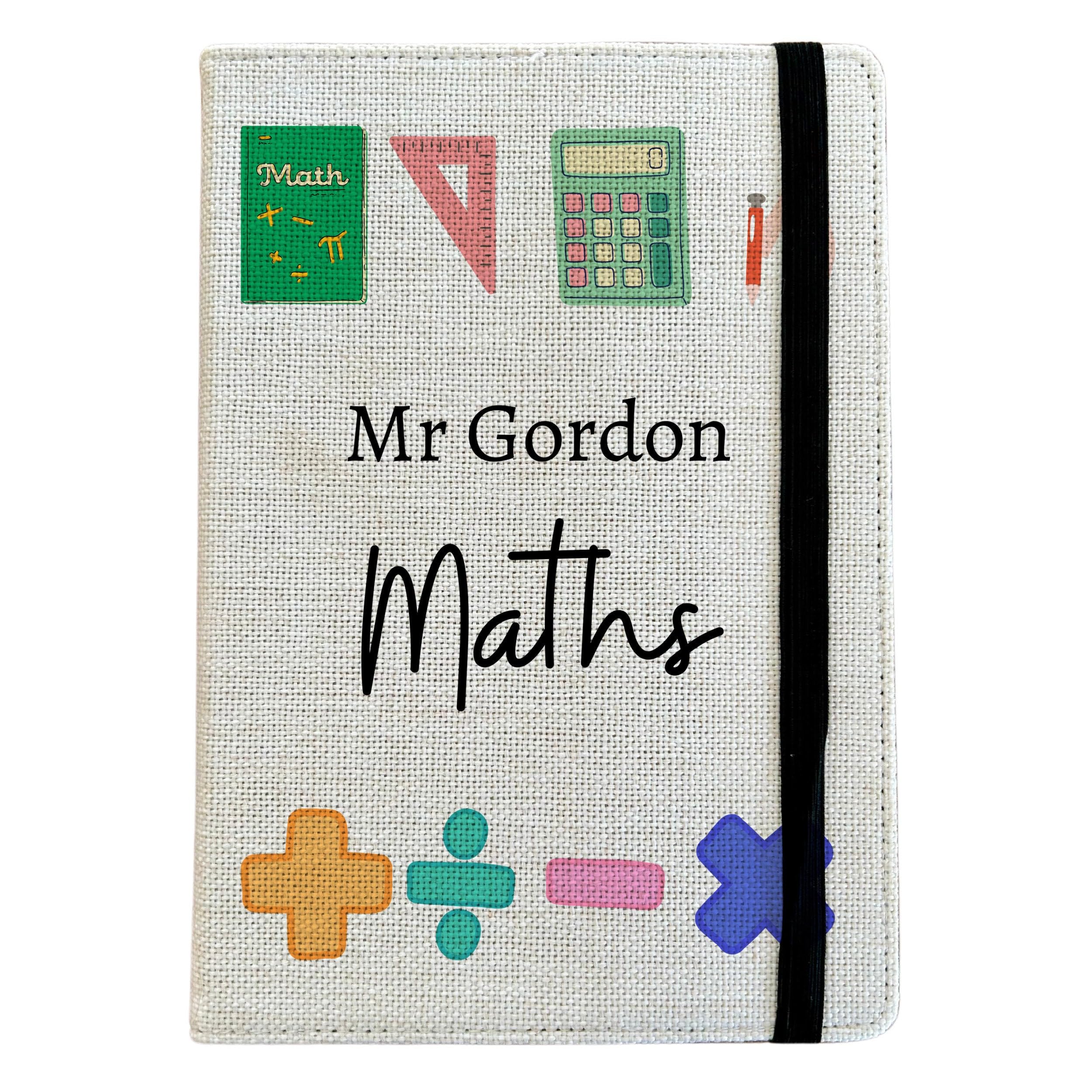 Personalised Maths A5 Notebook - Custom Teacher Lined Journal - Reusable School Notebook Cover - Linen Hardback Journal Cover Gift