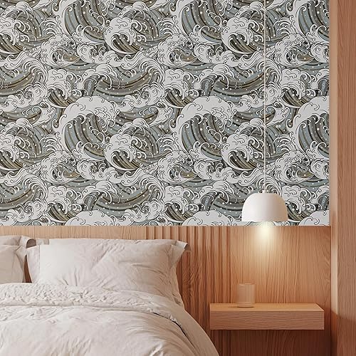 Miniatura 3 de AROMMO Papel tapiz autoadhesivo con ondas azules y blancas vintage, papel tapiz autoadhesivo prepegado, papel tapiz autoadhesivo para despegar y