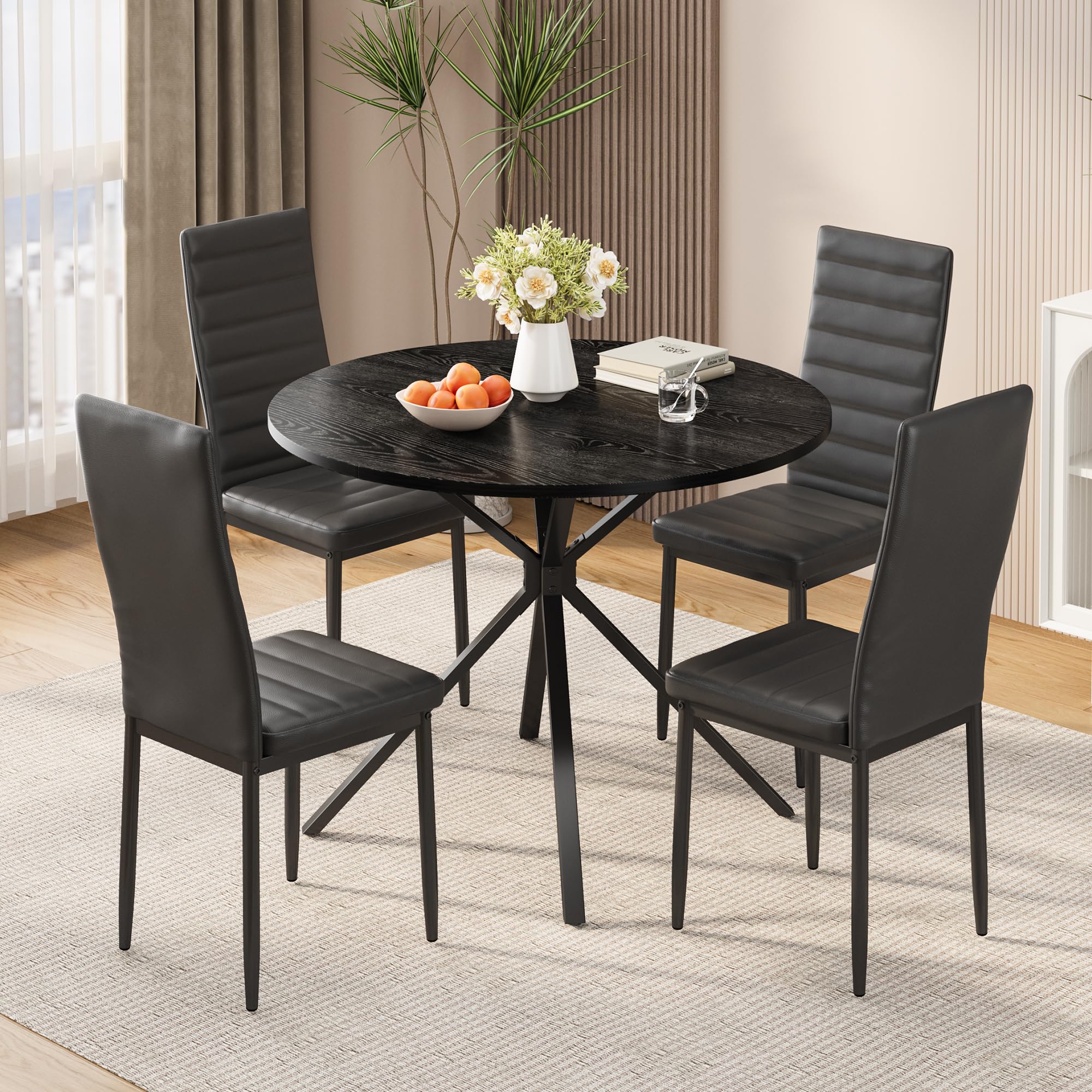 Xbro Dining Table and 4 Chairs Set, Round Dining Table for Dining Room Kitchen Living Room, Sturdy Structure for Small and Large Spaces, Black — view 2