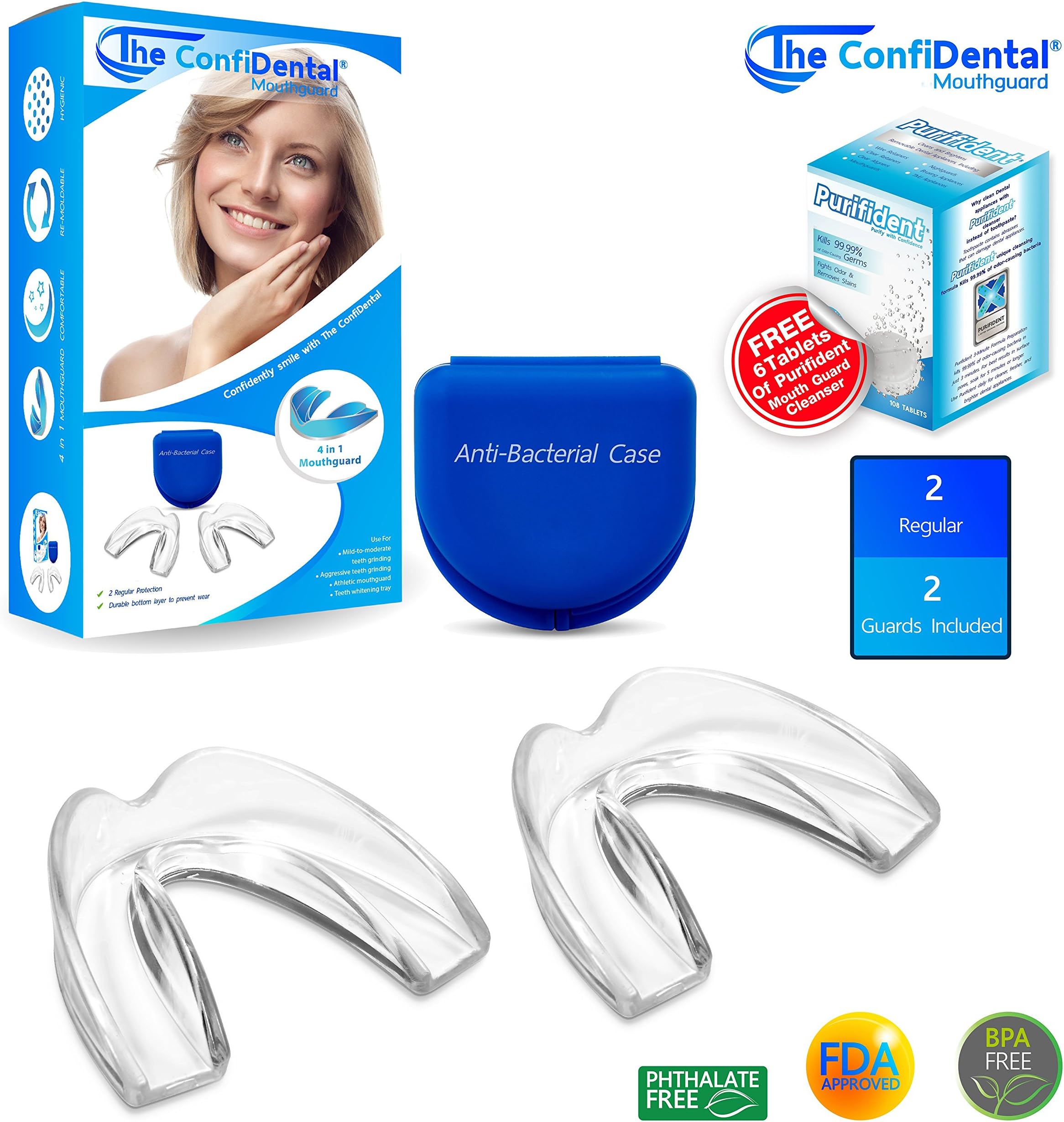 The ConfiDental - Moldable Mouth Guard for Teeth Grinding, Clenching, Bruxism, Sport Athletic, Whitening Tray, Pack of 5 Including 3 Regular and 2 Heavy Duty Guard, Free 5 Cleansing Tablets