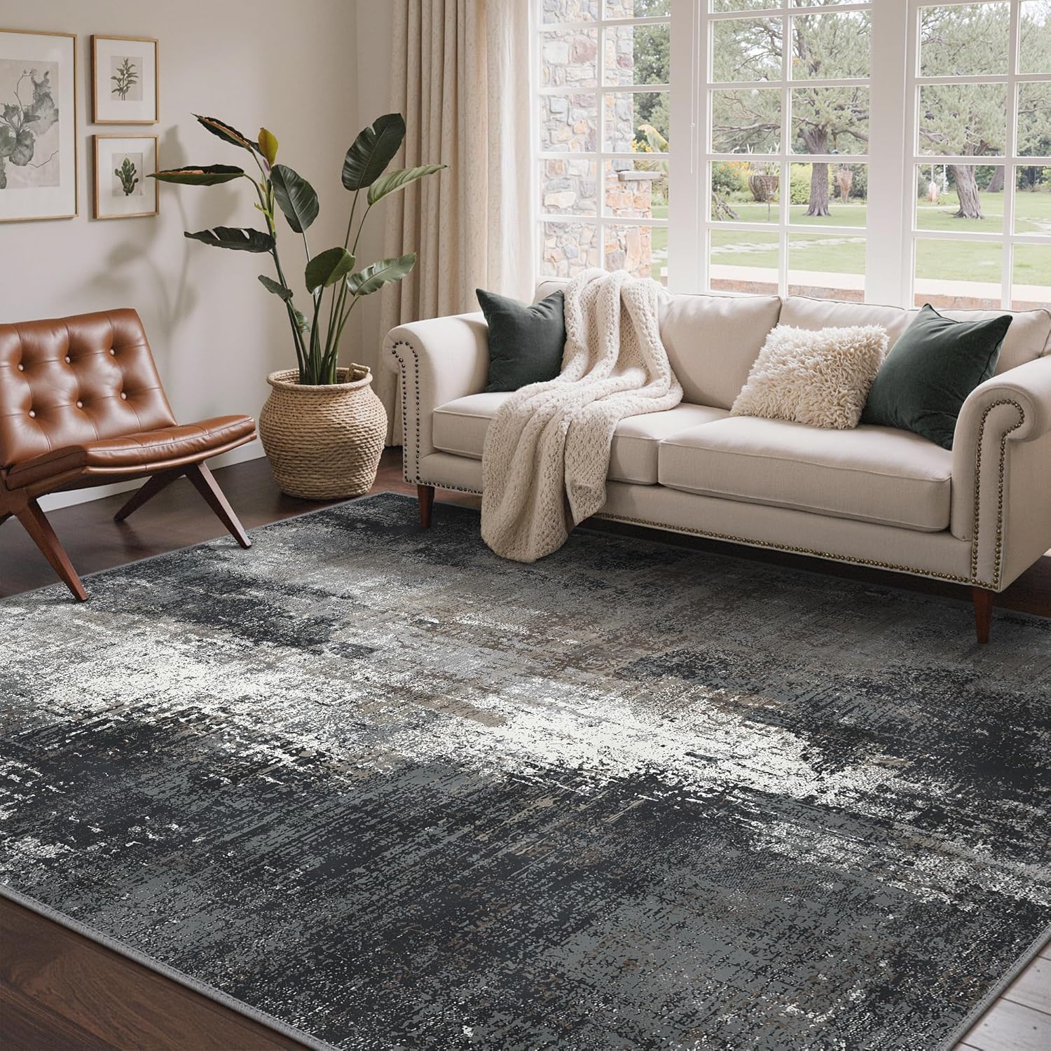 Area Rugs 8x10 for Living Room Bedroom, Modern Abstract Machine Washable Rug, Large Soft Low Pile Floor Carpet with Non Slip Backing for Dining Room, Black Abstract Black/White 8' x 10' (Rectangular)