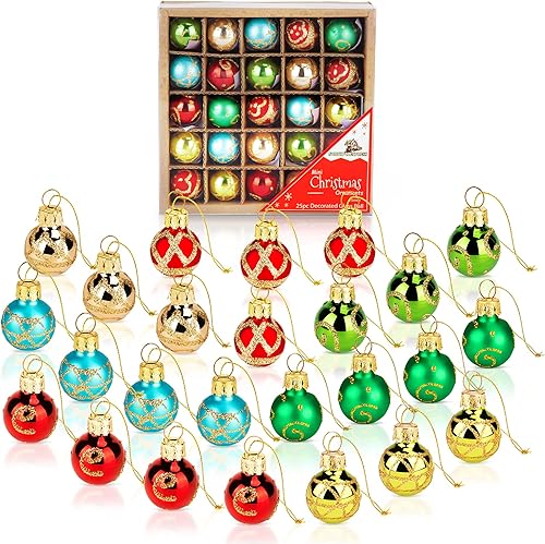 Juego de 25 esferas de cristal multicolor vintage de 1 pulgada, adornos de árbol de Navidad en miniatura, decoraciones rústicas de Navidad, mini