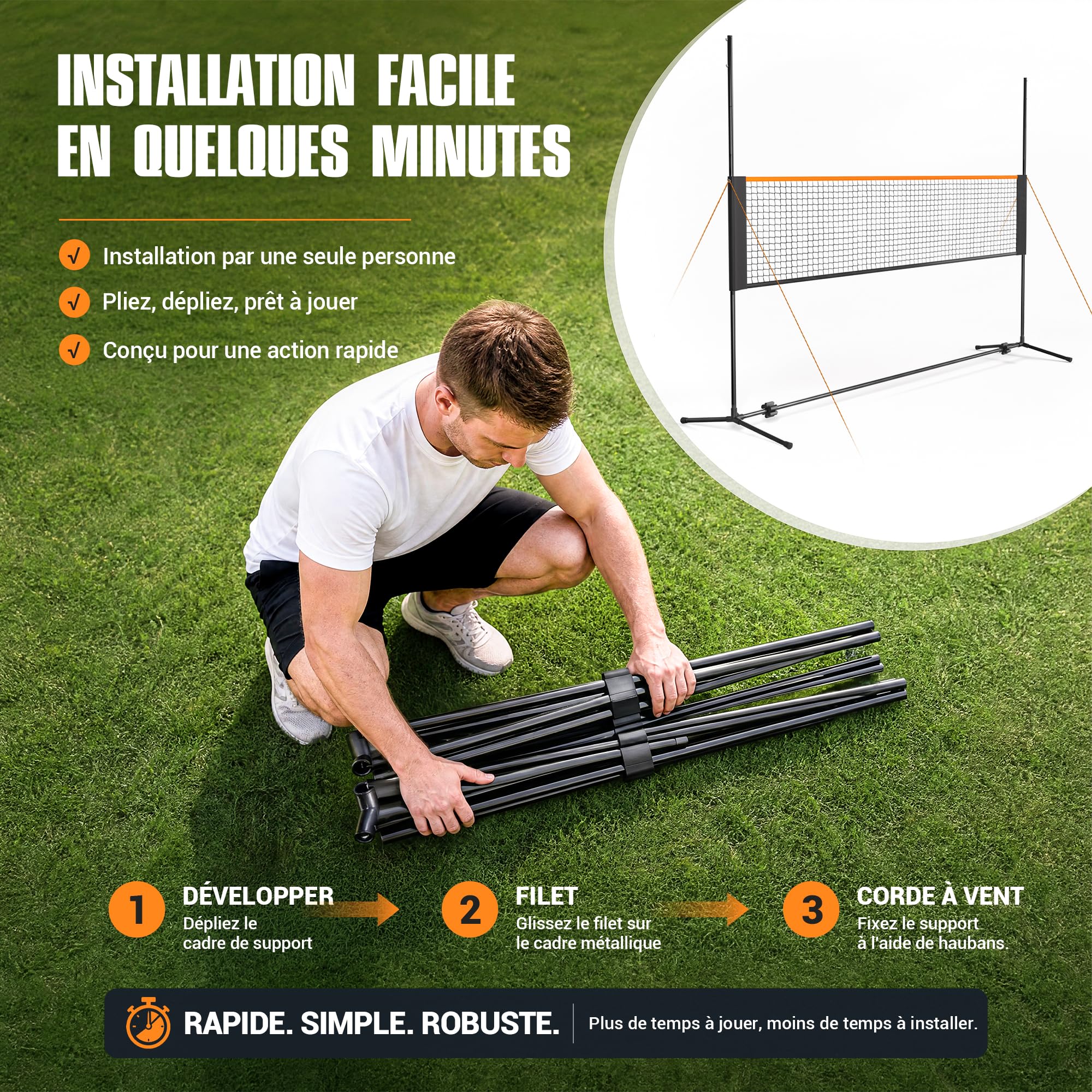Filet de Badminton Portable pour l'intérieur et l'extérieur - Réglable en Hauteur sur 4 Positions - pour Tennis, Football, Tennis, Pickleball, Volley-Ball, Badminton - Facile à Installer