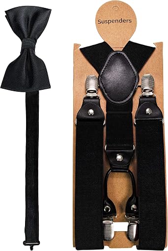 JEMYGINS Solid Color Suspender and Silk Bow Tie Sets for Men