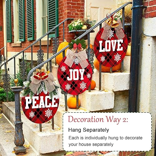 Miniatura 5 de Letrero colgante de Navidad de 3 piezas, letrero de paz y alegría, diseño de búfalo a cuadros para puerta delantera, decoración rústica de arpillera